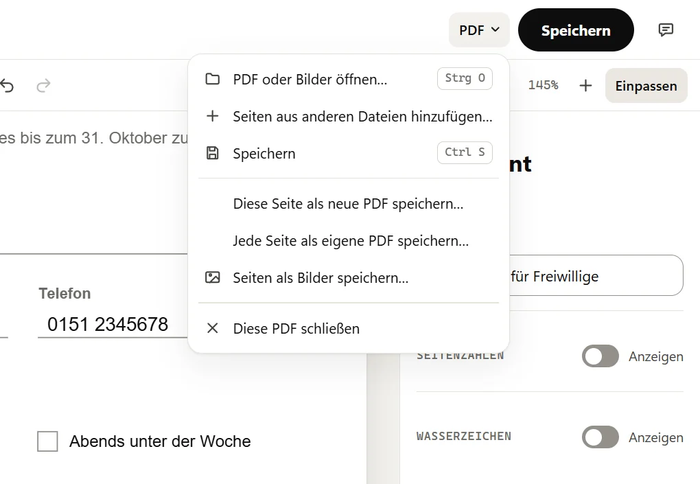 Das geöffnete Menü PDF: PDF oder Bilder öffnen, Seiten aus anderen Dateien hinzufügen, Speichern, Diese Seite als neue PDF speichern, Jede Seite als eigene PDF speichern, Seiten als Bilder speichern und Diese PDF schließen.
