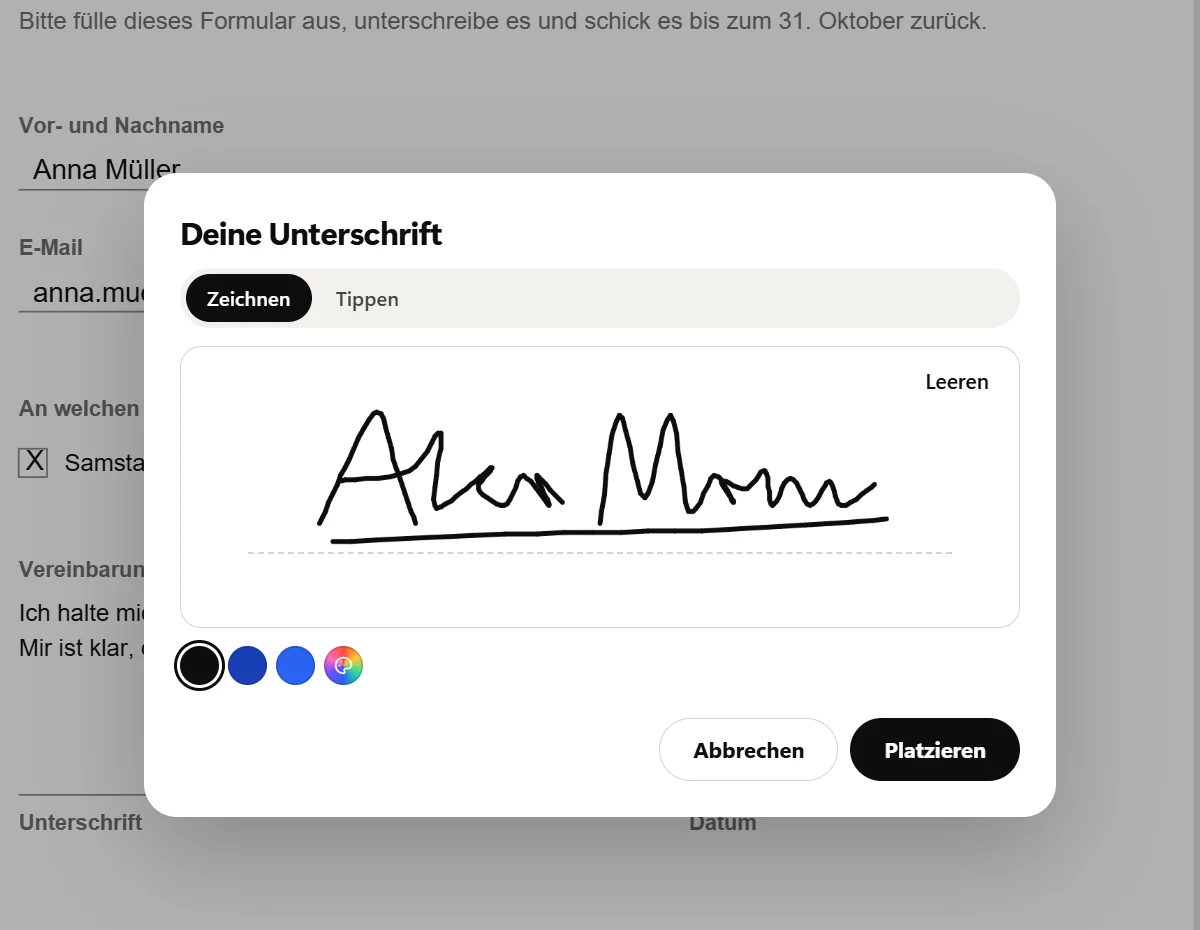 Das Fenster Deine Unterschrift, Zeichnen ist gewählt: eine von Hand gezeichnete Unterschrift mit den Initialen A und M in Schwarz auf der Linie, darunter die Tintenfarben und die Schaltflächen Abbrechen und Platzieren.