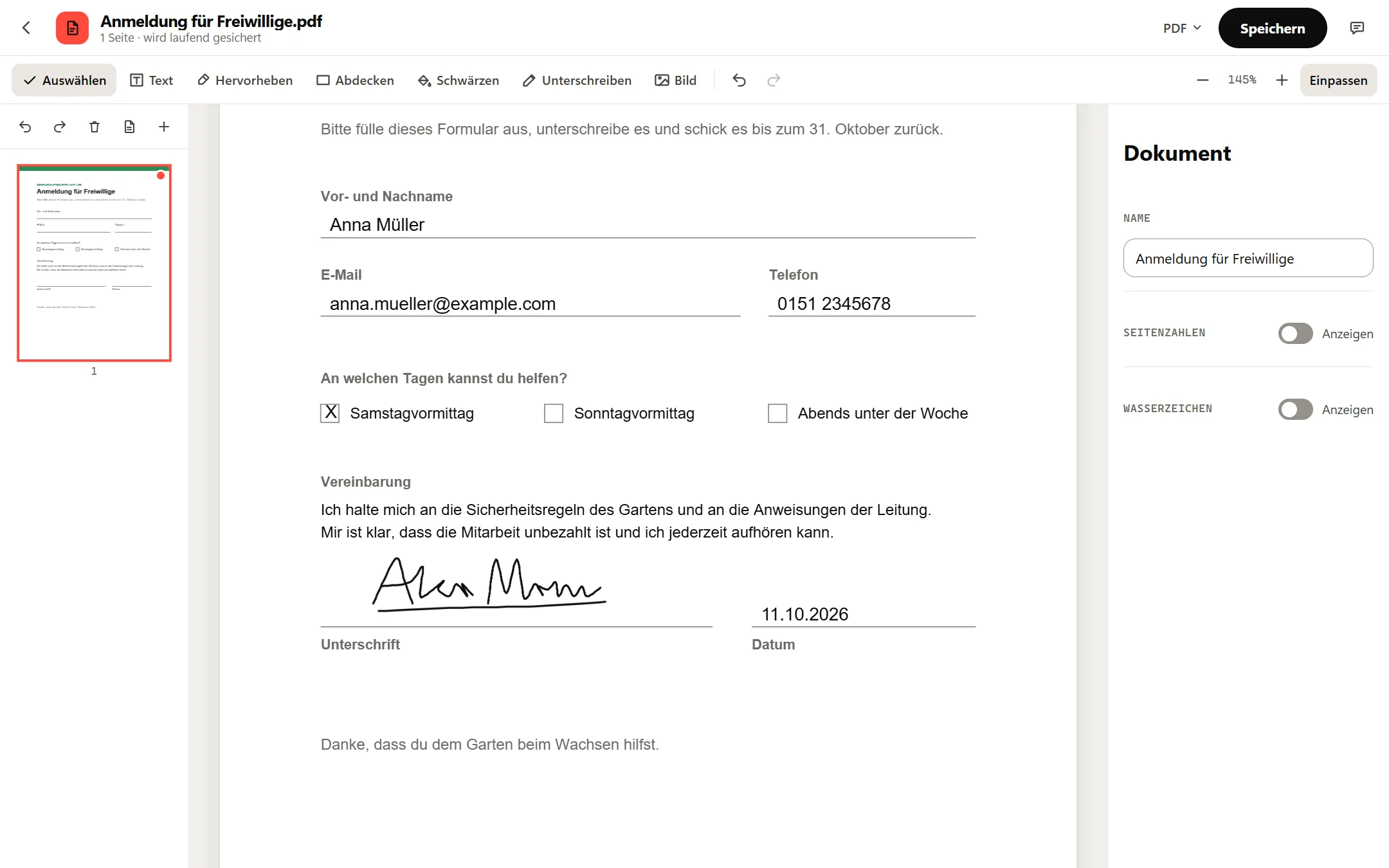 Das fertige Formular im PDF-Editor: Name, E-Mail, Telefon, ein Kreuz bei Samstagvormittag, eine handschriftliche Unterschrift auf der Unterschriftszeile und 11.10.2026 auf der Datumszeile.