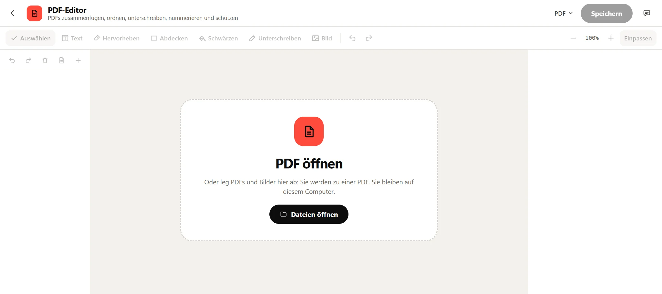 Der PDF-Editor von Octoolo, bevor eine Datei geöffnet ist: PDF öffnen, mit der Schaltfläche Dateien öffnen und dem Hinweis, dass man PDFs und Bilder im Fenster ablegen kann.