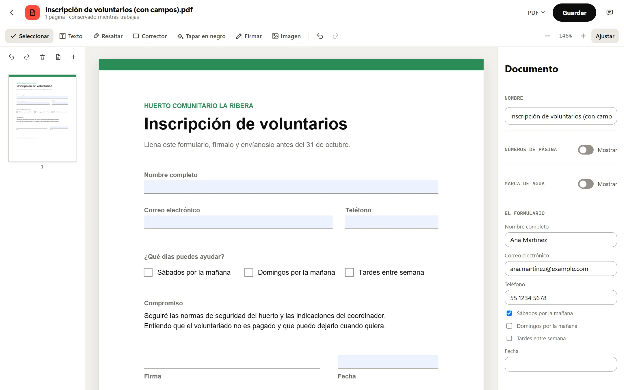 Una versión rellenable del formulario en el Editor de PDF: los campos aparecen a la derecha, en El formulario, con Nombre completo, Correo electrónico y Teléfono rellenados y Sábados por la mañana marcado.