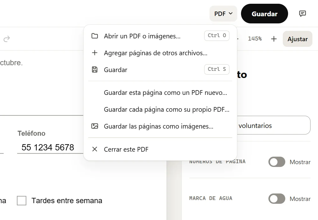 El menú PDF abierto: Abrir un PDF o imágenes, Agregar páginas de otros archivos, Guardar, Guardar esta página como un PDF nuevo, Guardar cada página como su propio PDF, Guardar las páginas como imágenes y Cerrar este PDF.