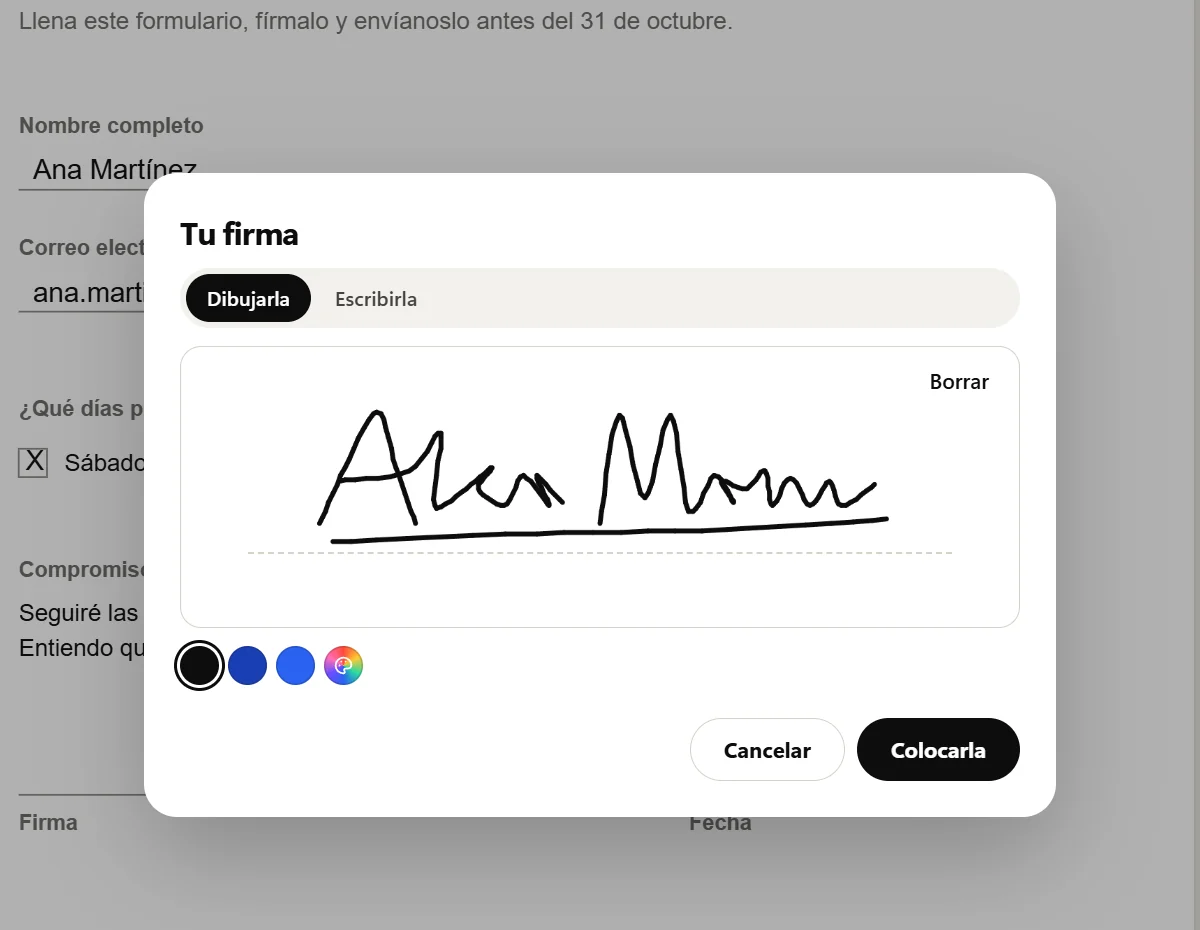 La ventana Tu firma con Dibujarla elegido, una firma hecha a mano, con las iniciales A y M, dibujada en negro sobre la línea, los colores de tinta debajo y los botones Cancelar y Colocarla.