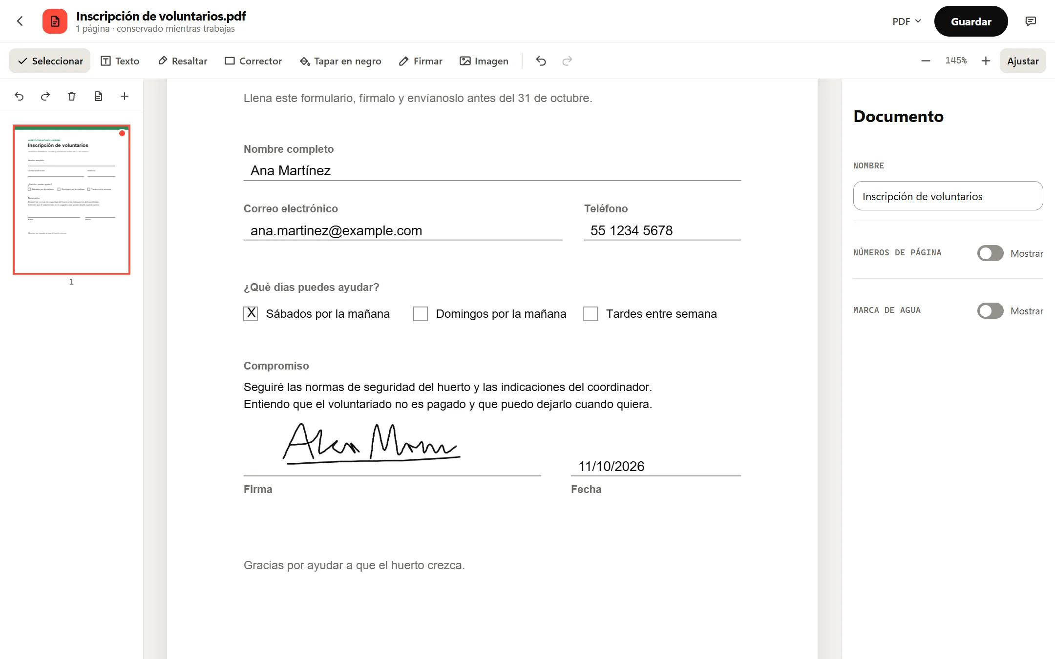 El formulario terminado en el Editor de PDF: nombre, correo electrónico, teléfono, una X en Sábados por la mañana, una firma hecha a mano en la línea de la firma y 11/10/2026 en la línea de la fecha.