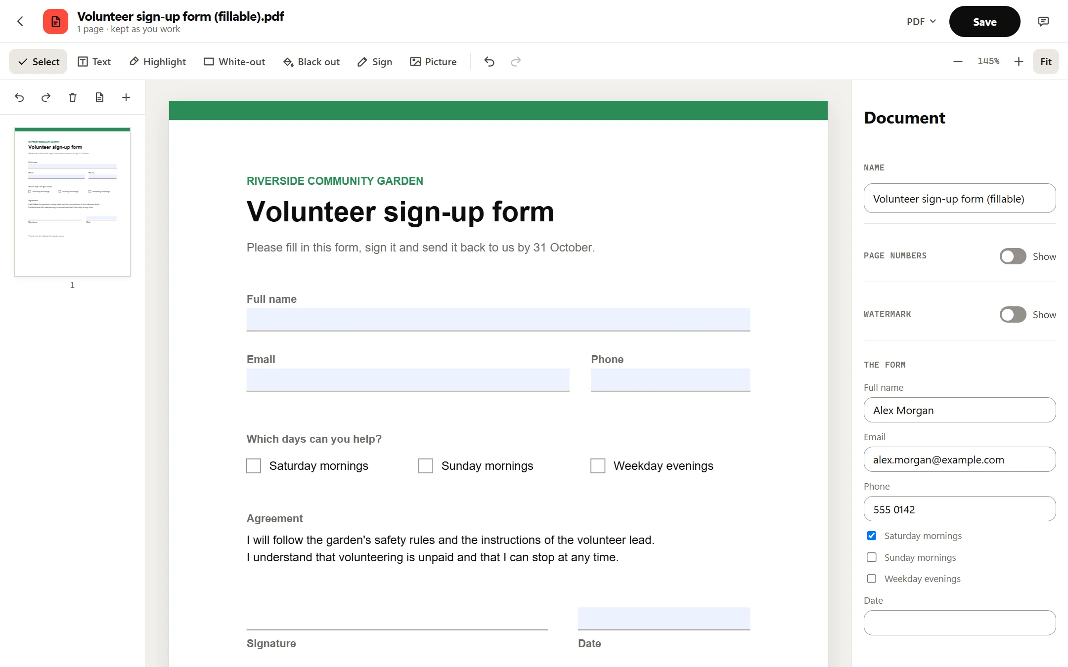 A fillable version of the form in the PDF Editor: the fields are listed on the right under The form, with Full name, Email and Phone filled in and Saturday mornings ticked.