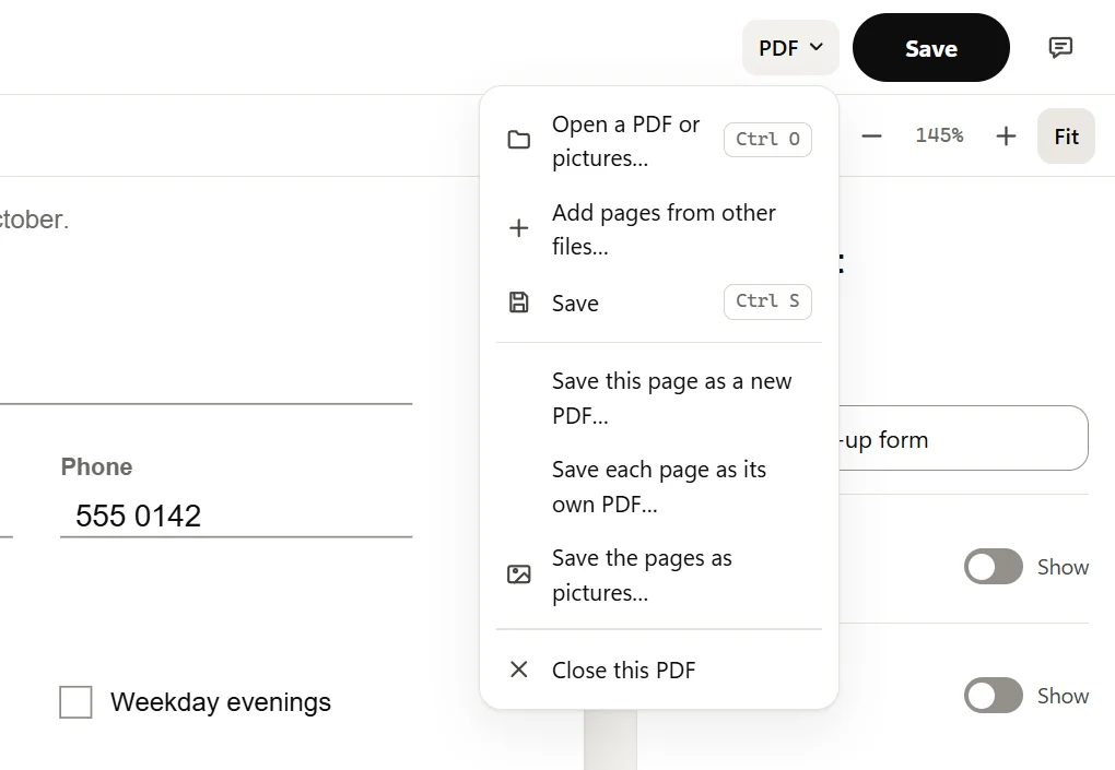 The PDF menu open: Open a PDF or pictures, Add pages from other files, Save, Save this page as a new PDF, Save each page as its own PDF, Save the pages as pictures and Close this PDF.