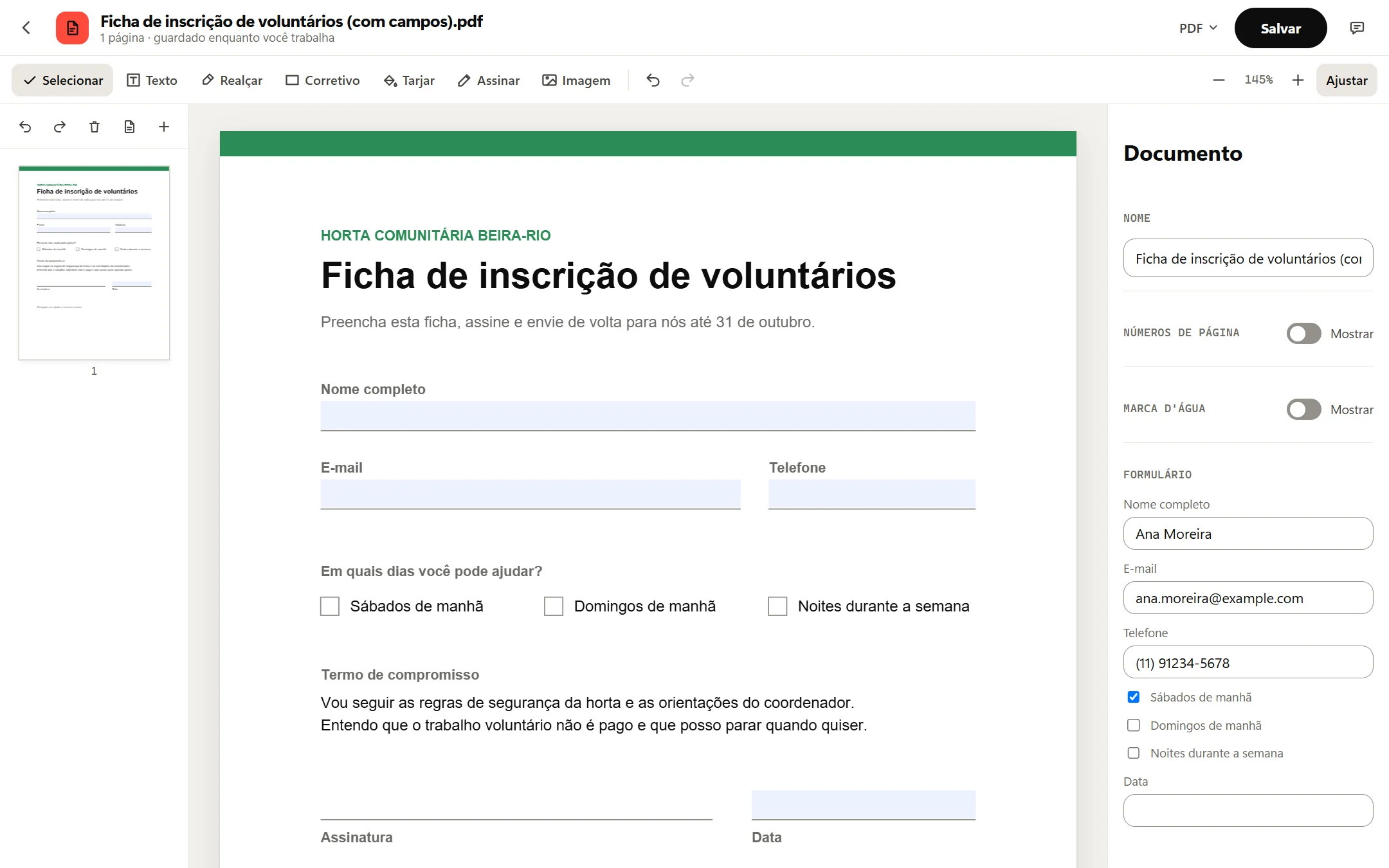 Uma versão preenchível do formulário no Editor de PDF: os campos aparecem à direita, em Formulário, com Nome completo, E-mail e Telefone preenchidos e Sábados de manhã marcado.