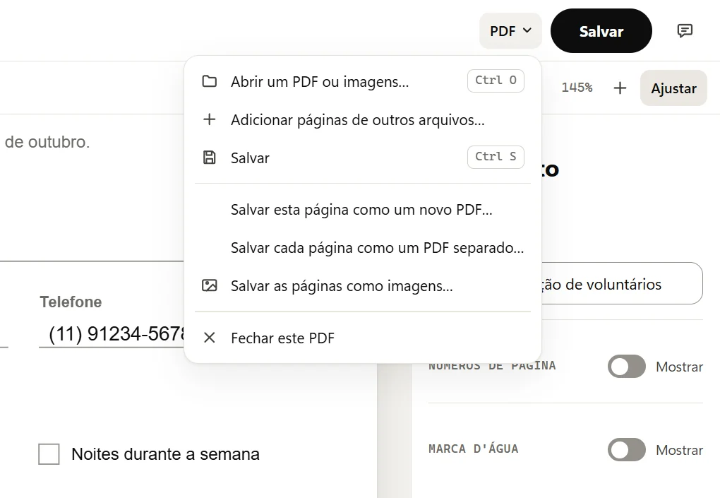 O menu PDF aberto: Abrir um PDF ou imagens, Adicionar páginas de outros arquivos, Salvar, Salvar esta página como um novo PDF, Salvar cada página como um PDF separado, Salvar as páginas como imagens e Fechar este PDF.