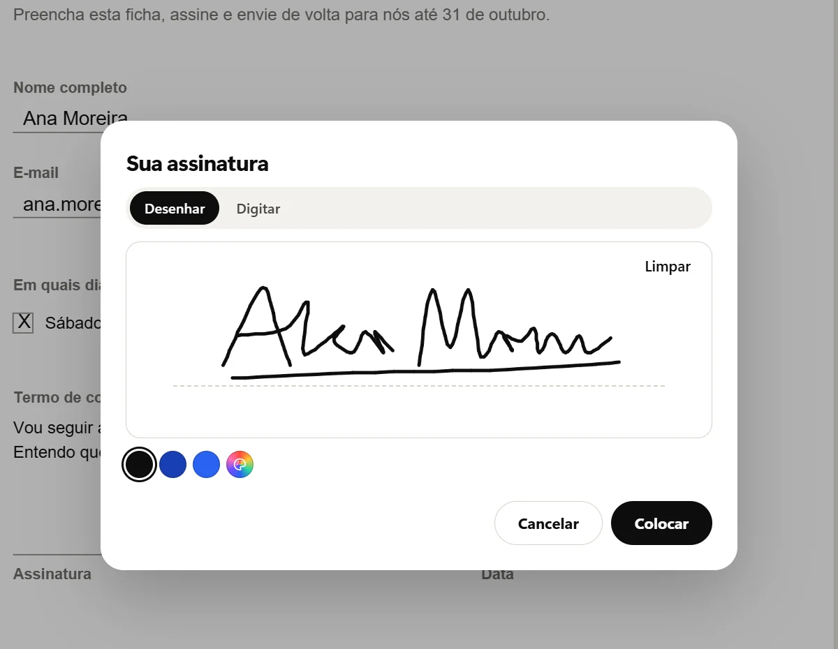 A janela Sua assinatura com Desenhar escolhido, uma assinatura feita à mão em preto sobre a linha, as cores de tinta embaixo e os botões Cancelar e Colocar.