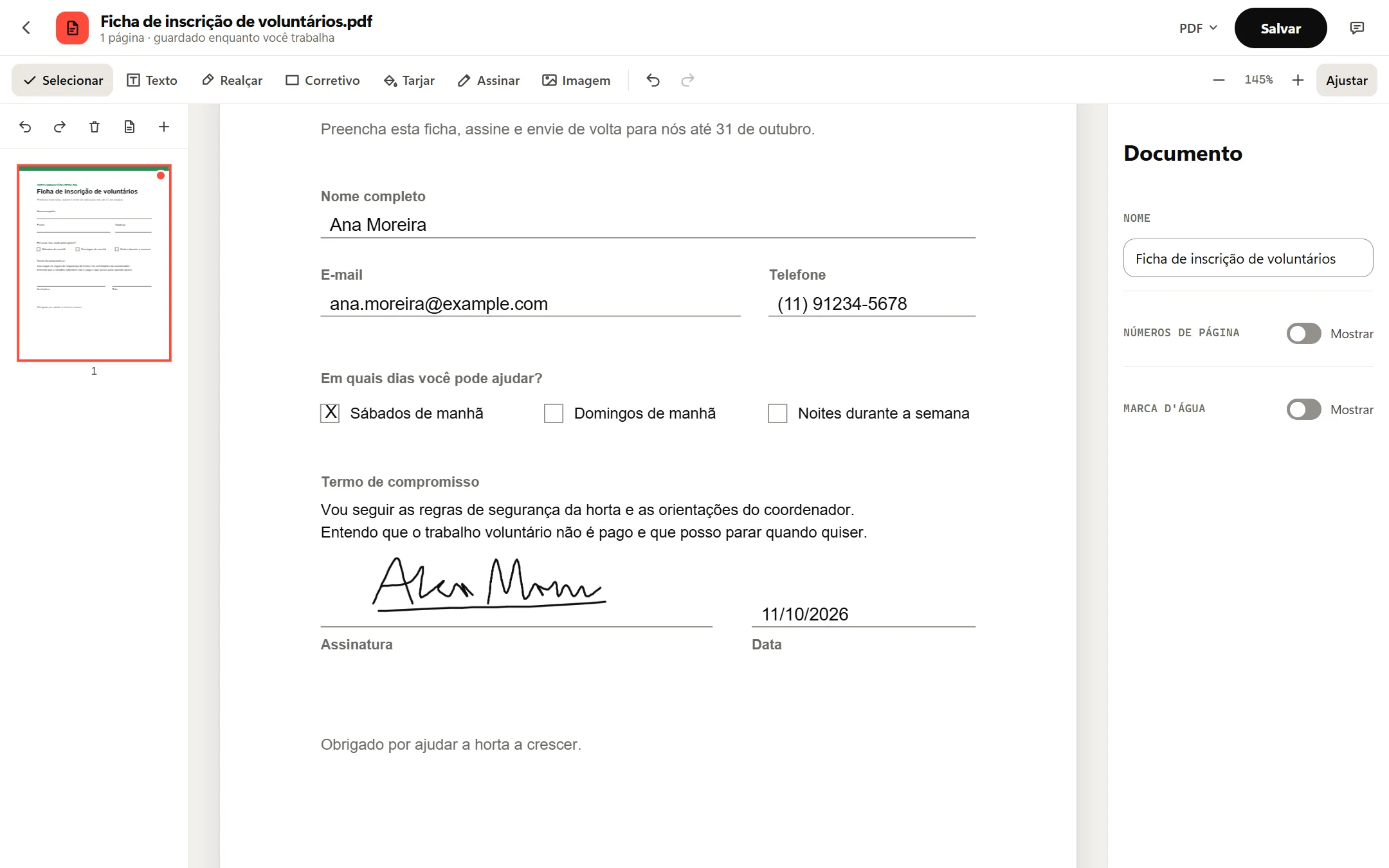 O formulário pronto no Editor de PDF: nome, e-mail, telefone, um X em Sábados de manhã, uma assinatura feita à mão na linha da assinatura e 11/10/2026 na linha da data.