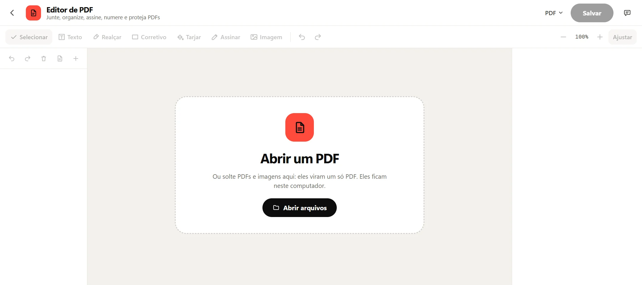 O Editor de PDF do Octoolo antes de abrir um arquivo: Abrir um PDF, com o botão Abrir arquivos e um aviso de que dá para soltar PDFs e imagens na janela.