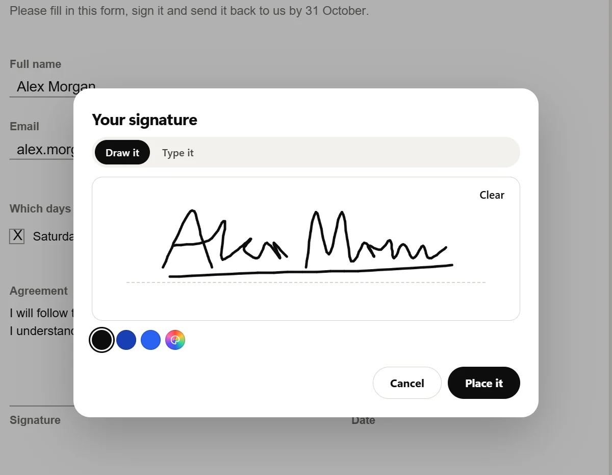 The Your signature window with Draw it chosen, a handwritten signature drawn in black on the line, ink colors below, and the Cancel and Place it buttons.