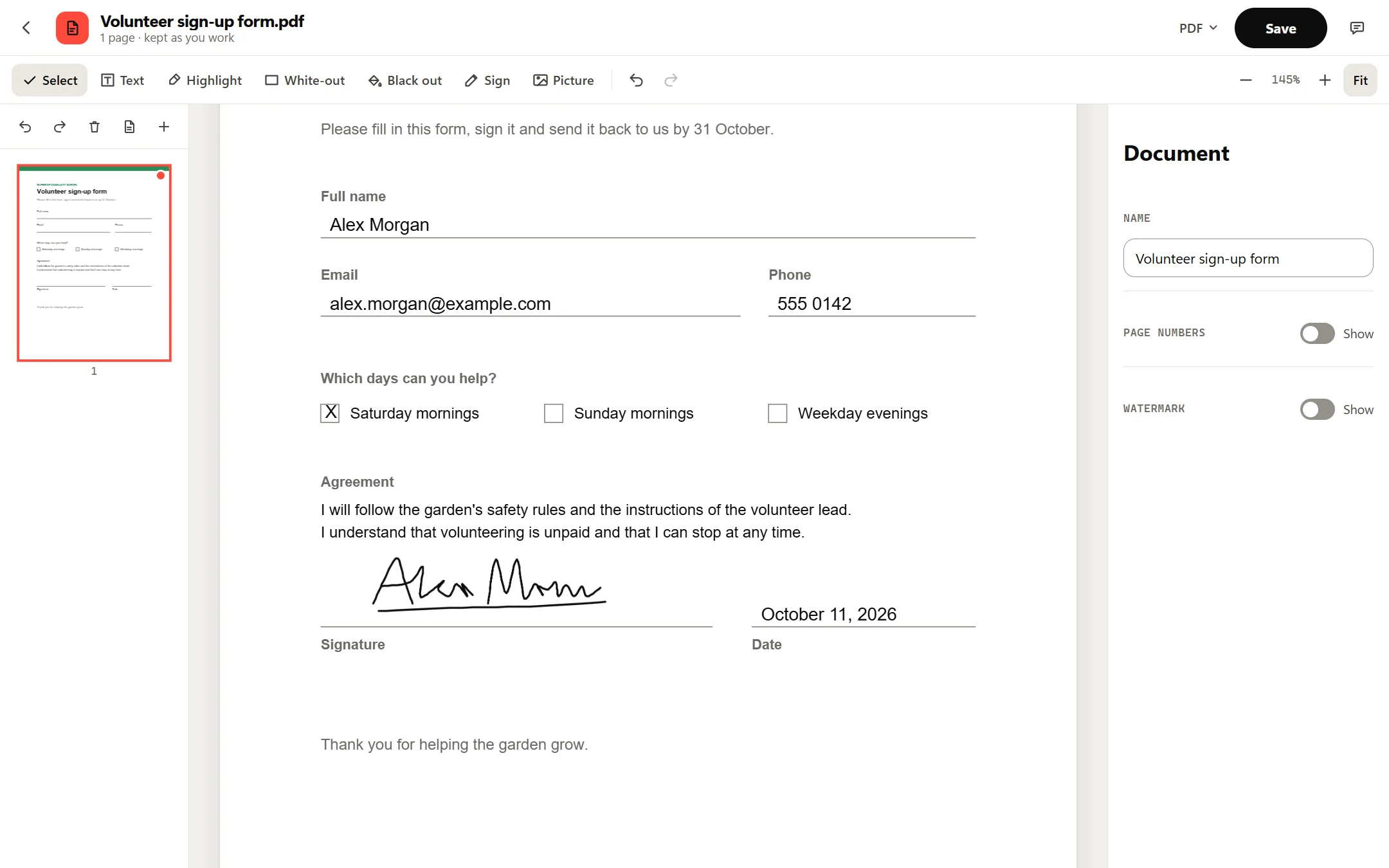 The finished form in the PDF Editor: name, email, phone, a tick for Saturday mornings, a handwritten signature on the signature line and October 11, 2026 on the date line.