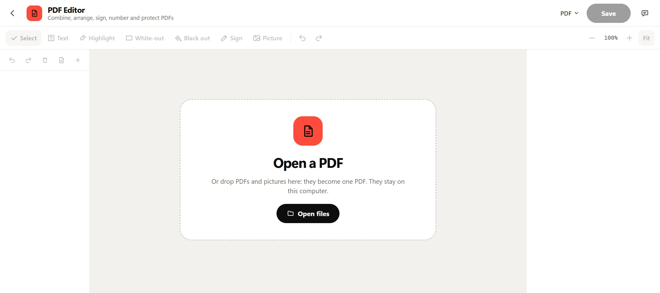 Octoolo's PDF Editor before a file is opened: Open a PDF, with the Open files button and a note that PDFs and pictures can be dropped on the window.