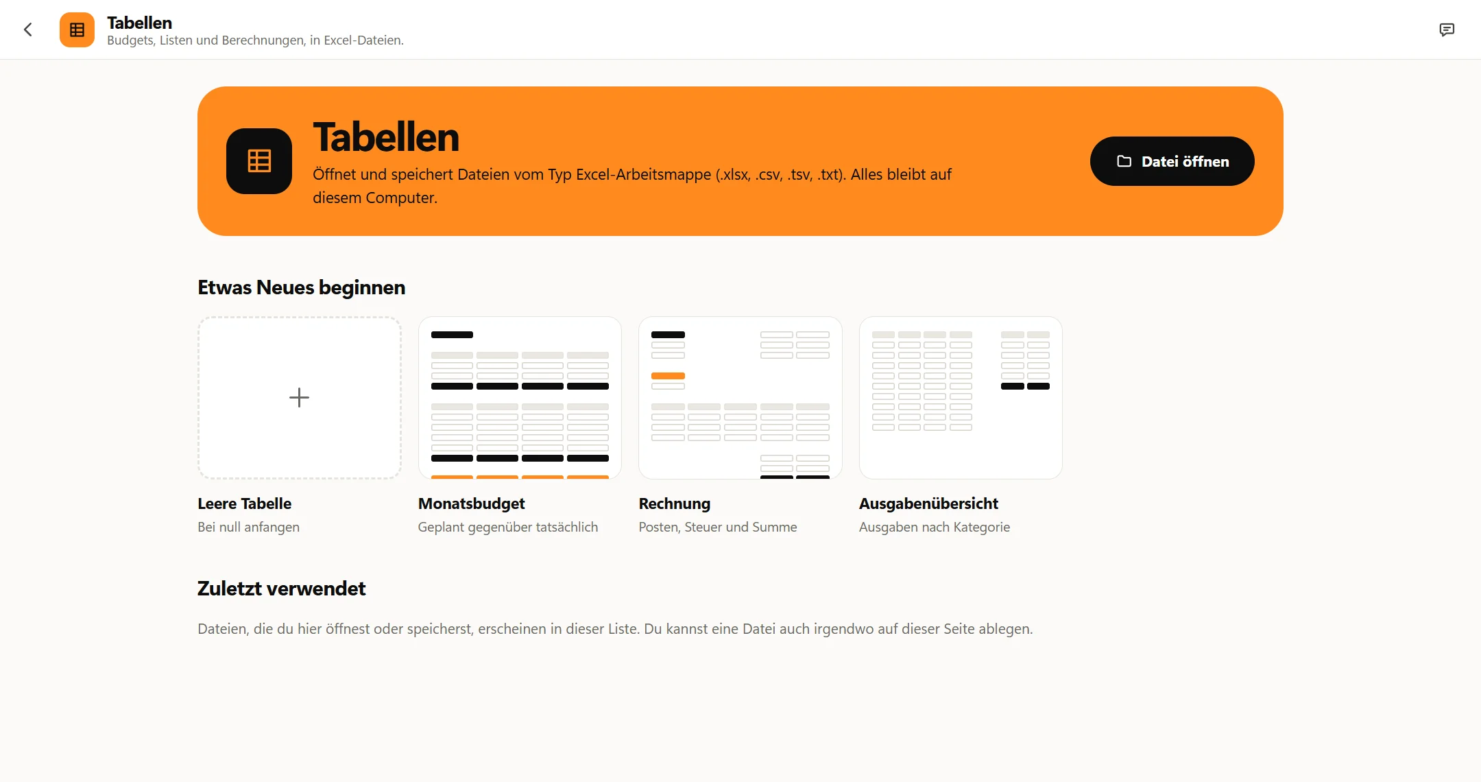 Die Startseite von Tabellen in Octoolo mit vier Kacheln unter Etwas Neues beginnen: Leere Tabelle, Monatsbudget, Rechnung und Ausgabenübersicht.