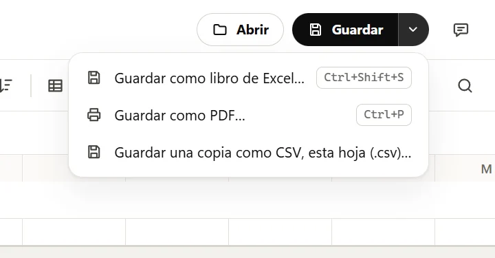 El menú junto al botón Guardar: Guardar como libro de Excel, Guardar como PDF y Guardar una copia como CSV.