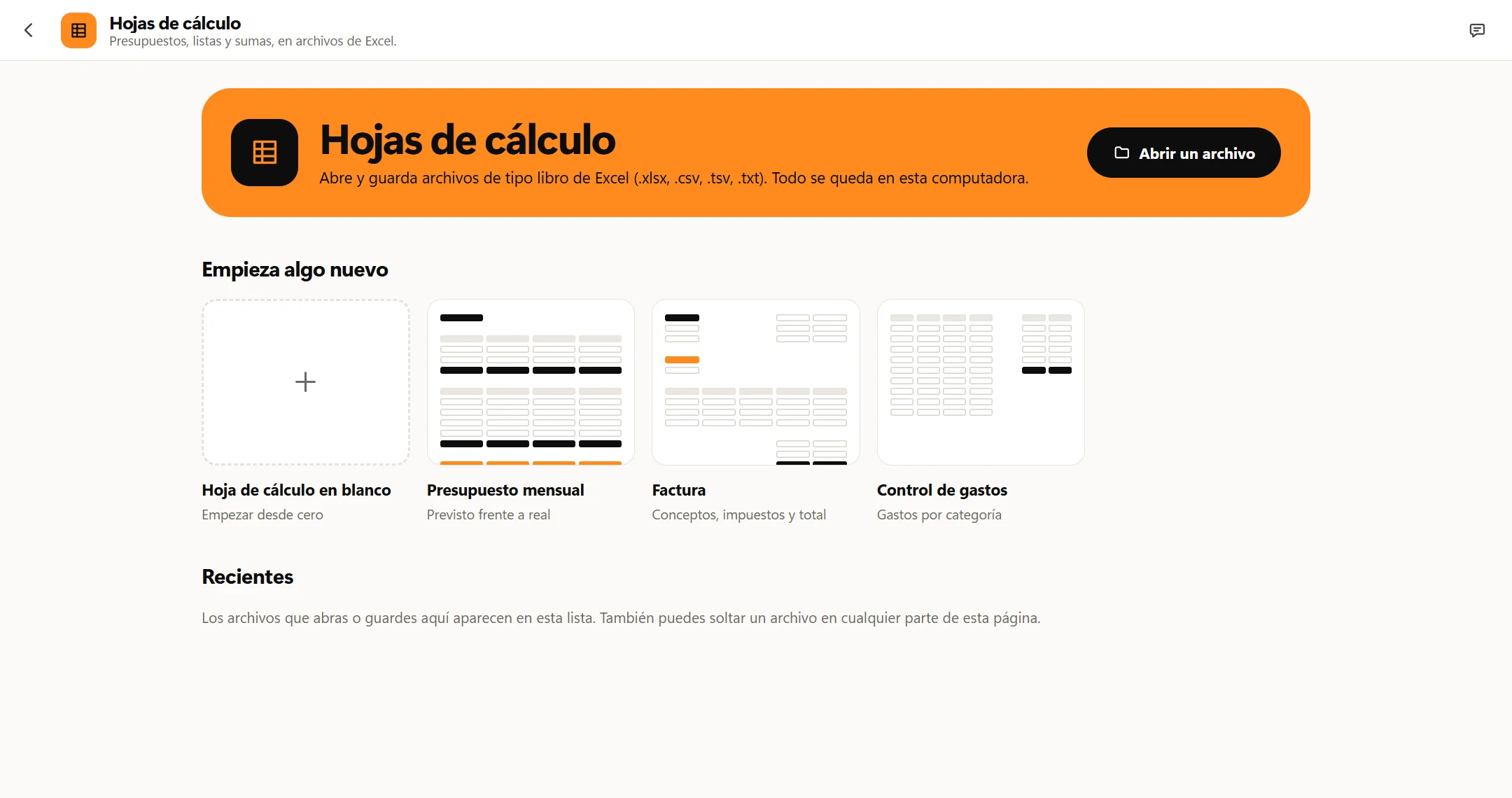 Pantalla de inicio de Hojas de cálculo de Octoolo con cuatro opciones en Empieza algo nuevo: Hoja de cálculo en blanco, Presupuesto mensual, Factura y Control de gastos.