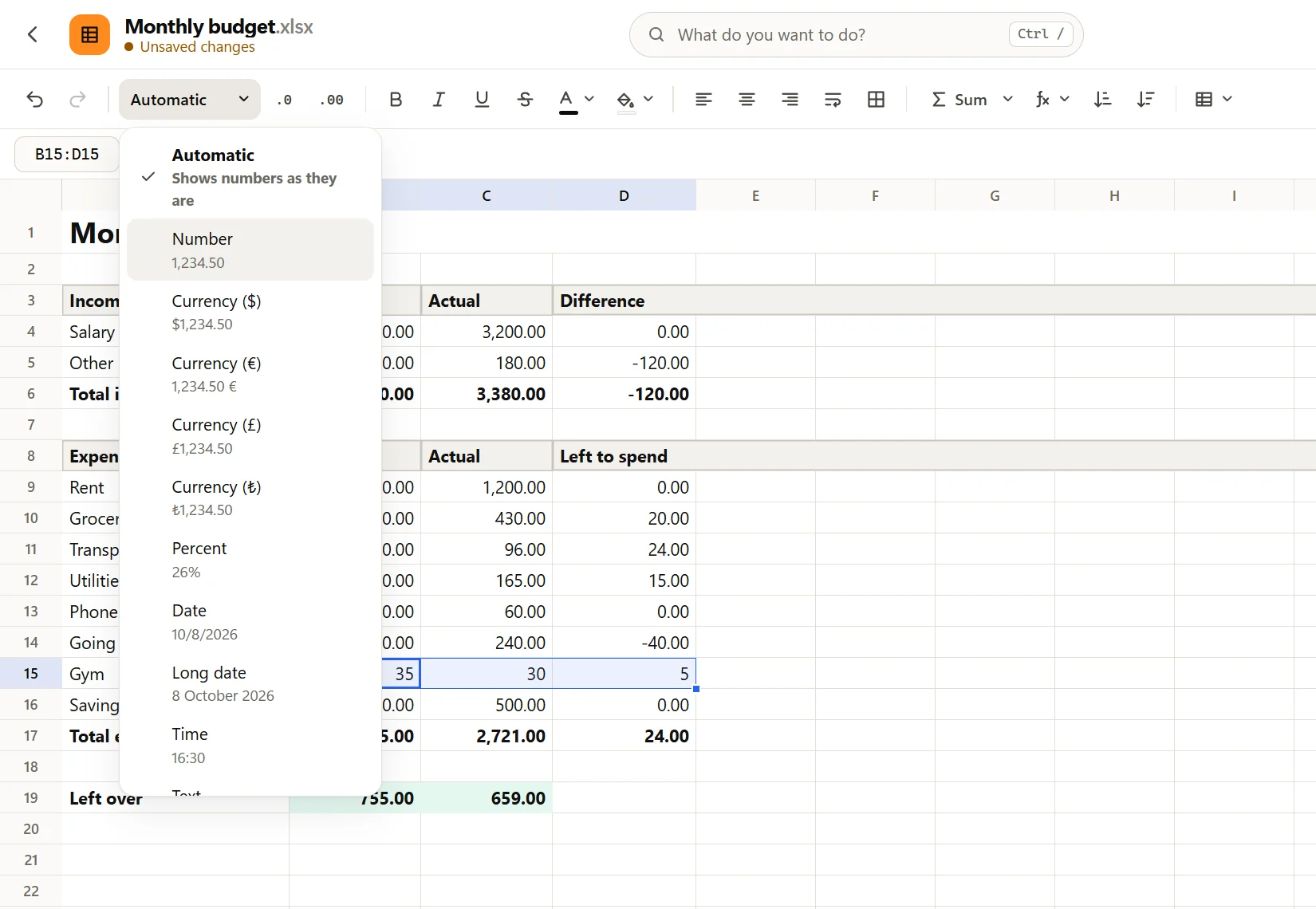 The Number format menu open over the sheet, with the new Gym row selected and Number highlighted among Automatic, Currency and Percent.