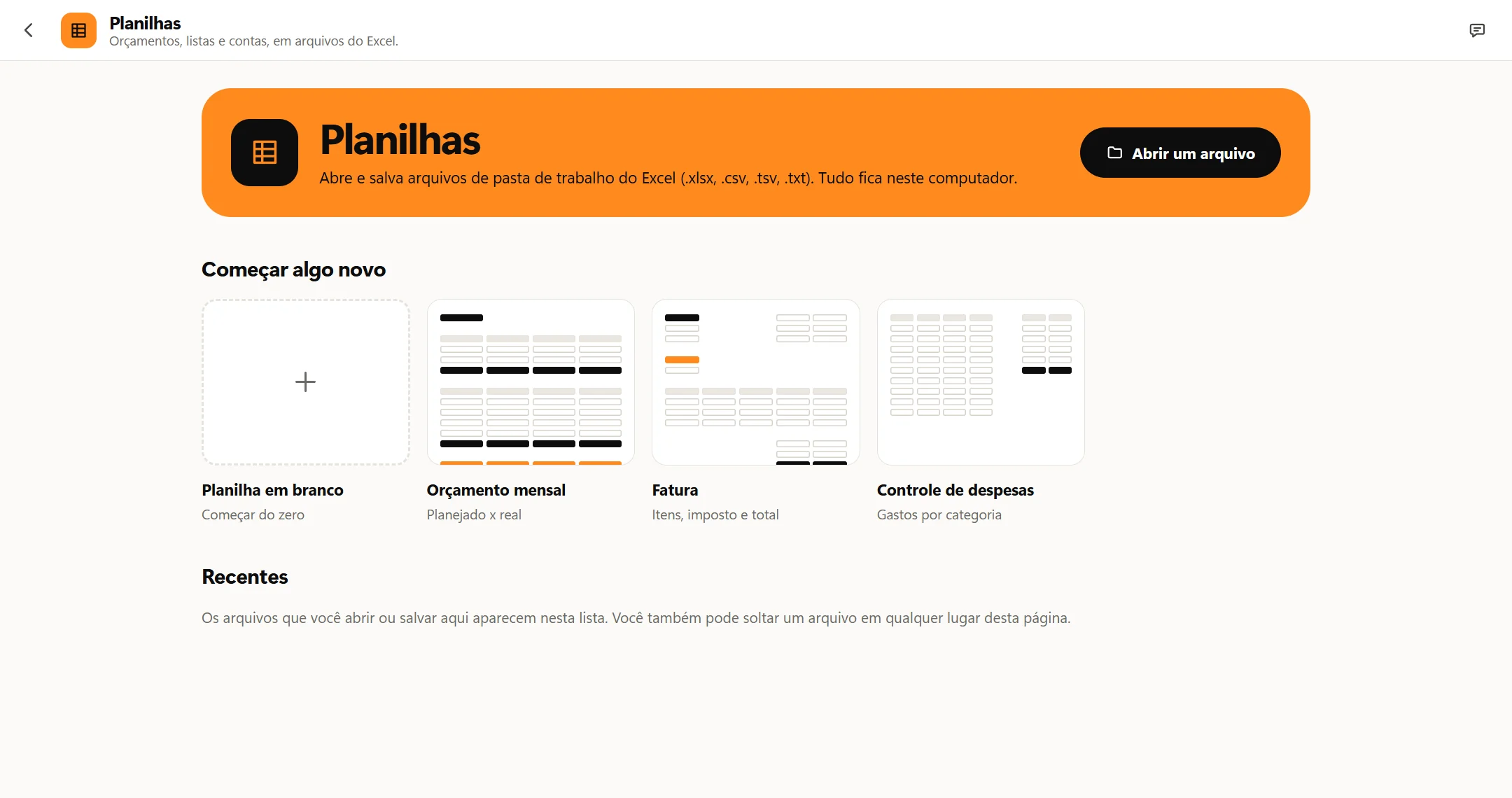 Tela inicial do app Planilhas do Octoolo, com quatro blocos em Começar algo novo: Planilha em branco, Orçamento mensal, Fatura e Controle de despesas.