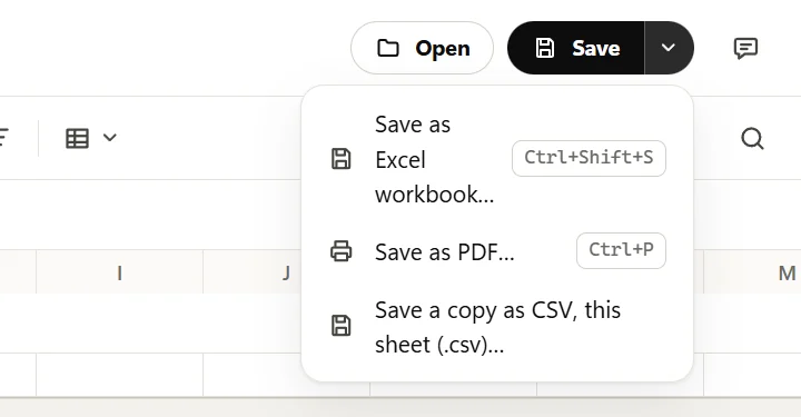 The menu beside the Save button: Save as Excel workbook, Save as PDF, and Save a copy as CSV.