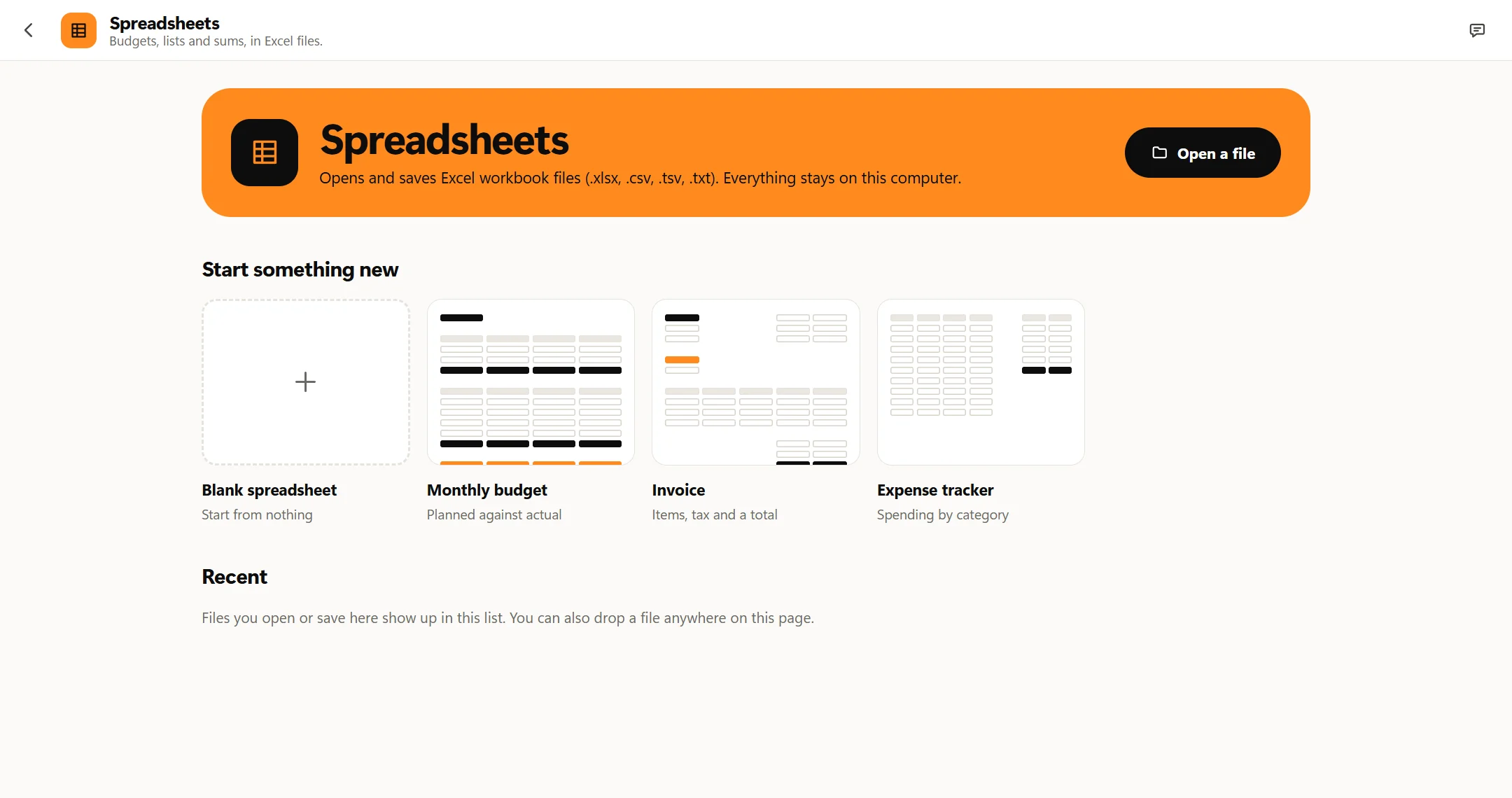 Octoolo's Spreadsheets start screen with four tiles under Start something new: Blank spreadsheet, Monthly budget, Invoice and Expense tracker.