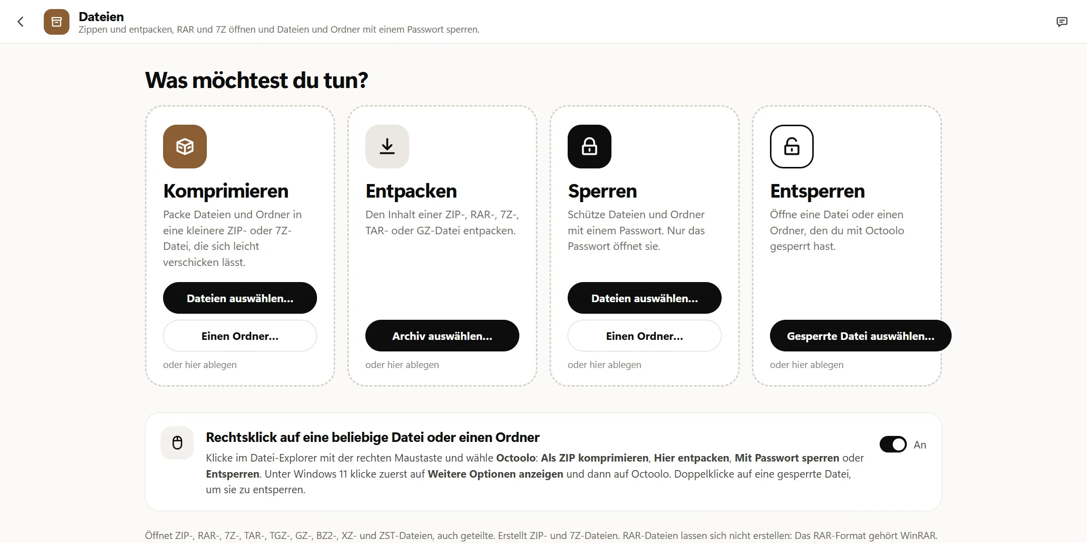 Die App Dateien von Octoolo fragt „Was möchtest du tun?“ und zeigt vier Kacheln: Komprimieren, Entpacken, Sperren und Entsperren. Darunter der Schalter für das Rechtsklickmenü des Datei-Explorers.