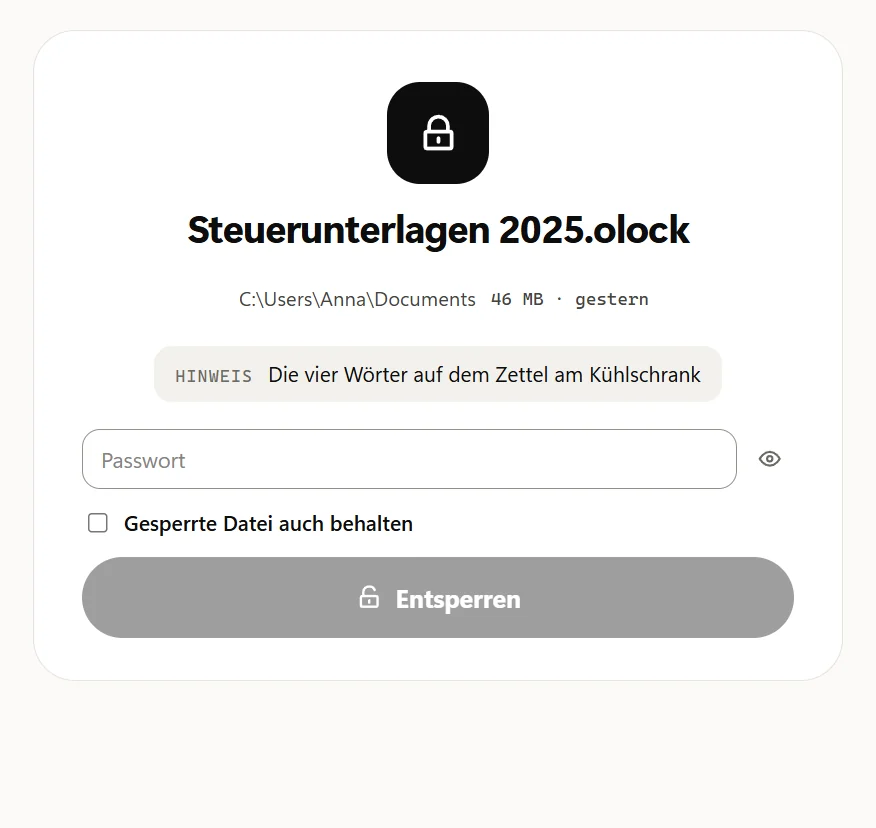 Das Fenster „Entsperren“ für Steuerunterlagen 2025.olock: Ordner, Größe und Datum, der Hinweis, das Passwortfeld, „Gesperrte Datei auch behalten“ und die Schaltfläche „Entsperren“.
