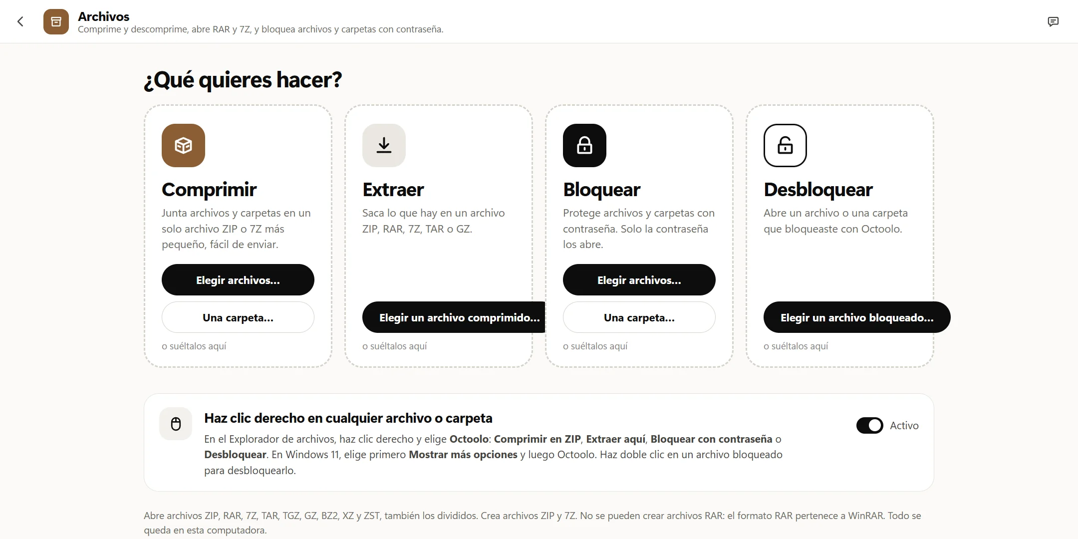 La app Archivos de Octoolo preguntando ¿Qué quieres hacer?, con cuatro recuadros: Comprimir, Extraer, Bloquear y Desbloquear, y debajo el interruptor del menú contextual del Explorador de archivos.