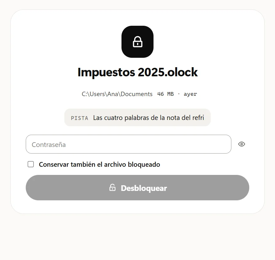 La ventana Desbloquear de Impuestos 2025.olock: su carpeta, tamaño y fecha, la pista, el cuadro de la contraseña, Conservar también el archivo bloqueado y el botón Desbloquear.