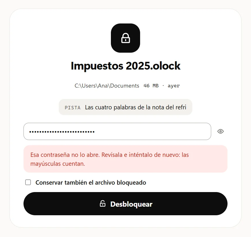 La ventana Desbloquear después de una contraseña incorrecta: Esa contraseña no lo abre. Revísala e inténtalo de nuevo: las mayúsculas cuentan.