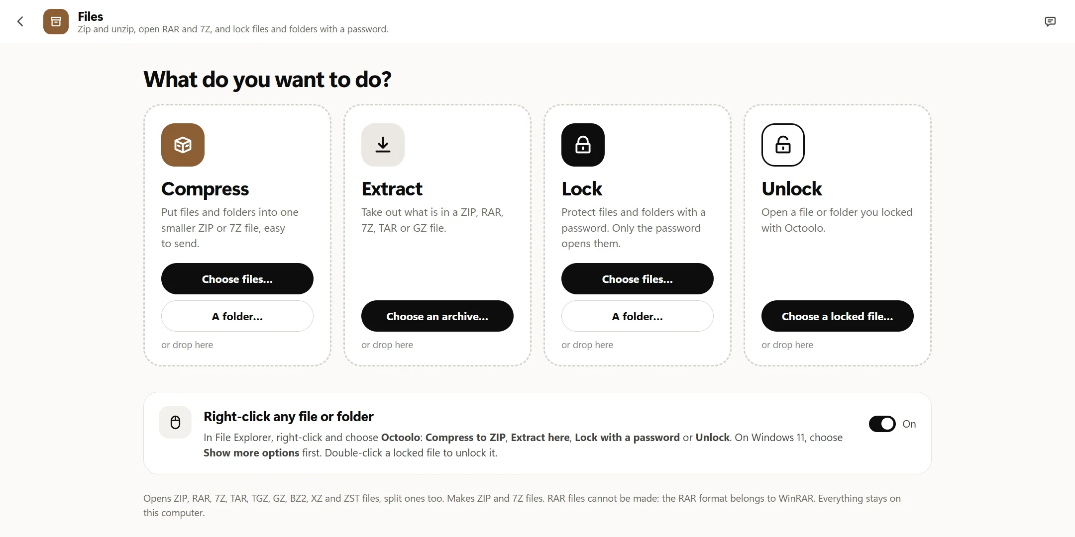 Octoolo's Files asking What do you want to do?, with four boxes: Compress, Extract, Lock and Unlock, and below them the switch for File Explorer's right-click menu.