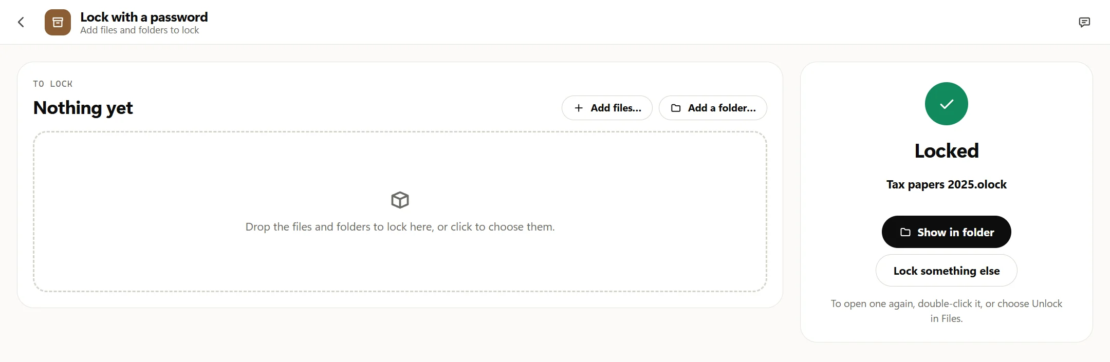 The Locked card: a green tick, Tax papers 2025.olock, and the buttons Show in folder and Lock something else.