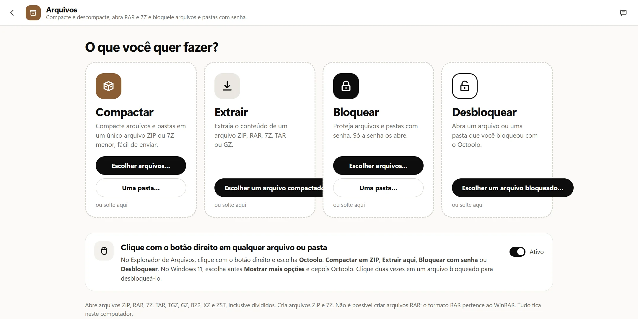 O app Arquivos do Octoolo perguntando O que você quer fazer?, com quatro quadros: Compactar, Extrair, Bloquear e Desbloquear, e abaixo deles a chave do menu do botão direito do Explorador de Arquivos.