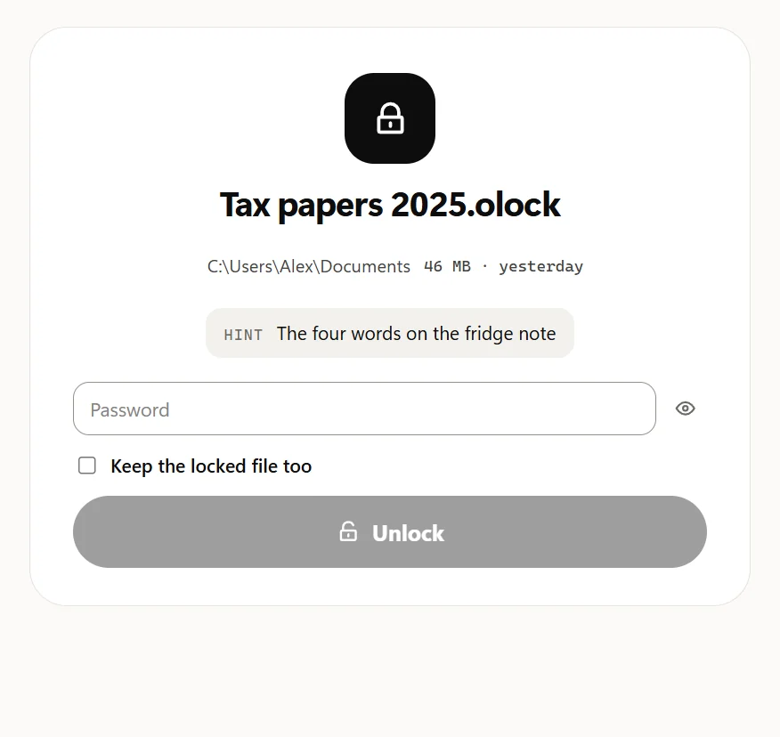 The Unlock window for Tax papers 2025.olock: its folder, size and date, the hint, the password box, Keep the locked file too, and the Unlock button.