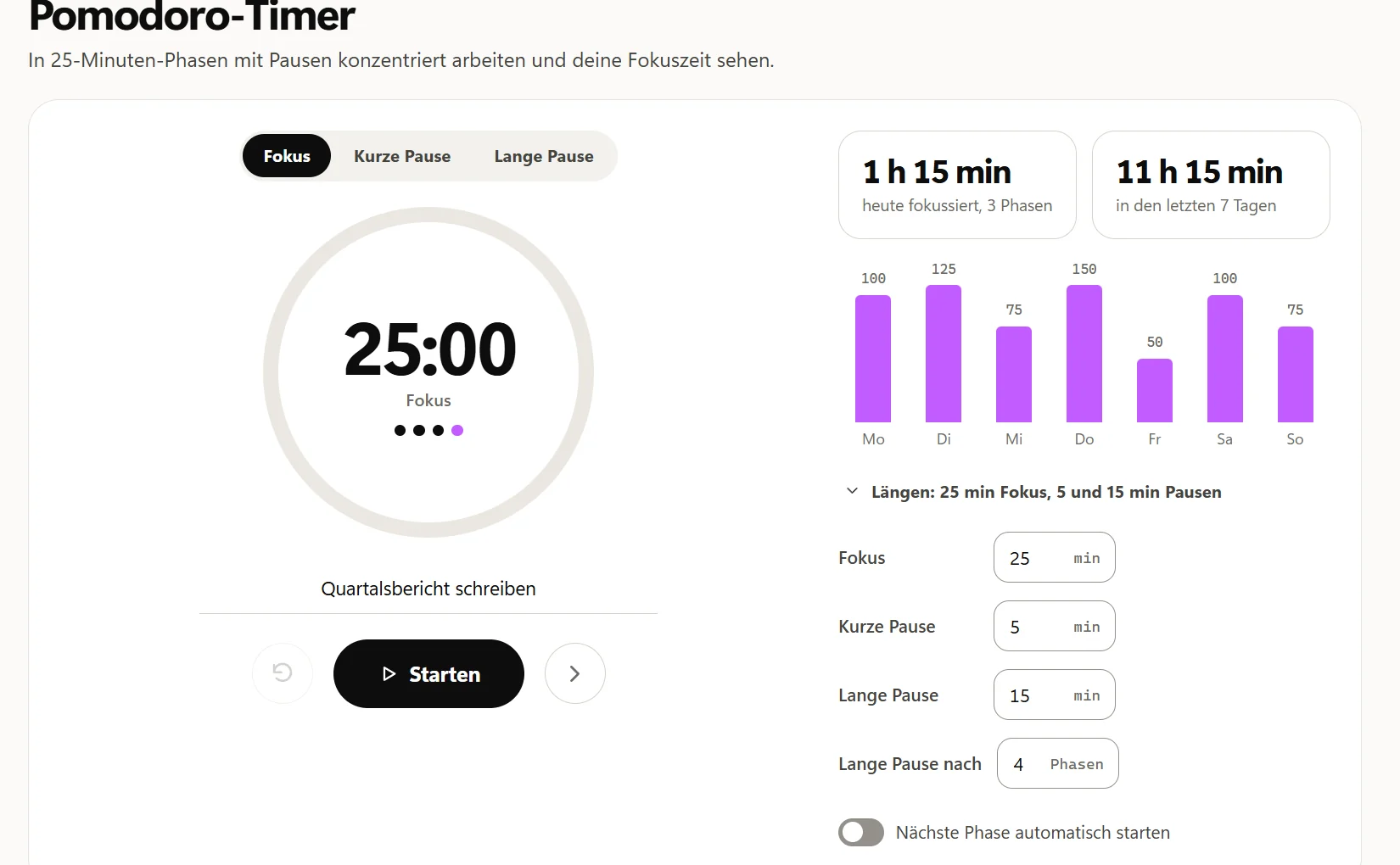 Die geöffneten Längen unter den Balken: Fokus 25 min, Kurze Pause 5 min, Lange Pause 15 min, Lange Pause nach 4 Fokusphasen und der Schalter Nächste Phase automatisch starten.