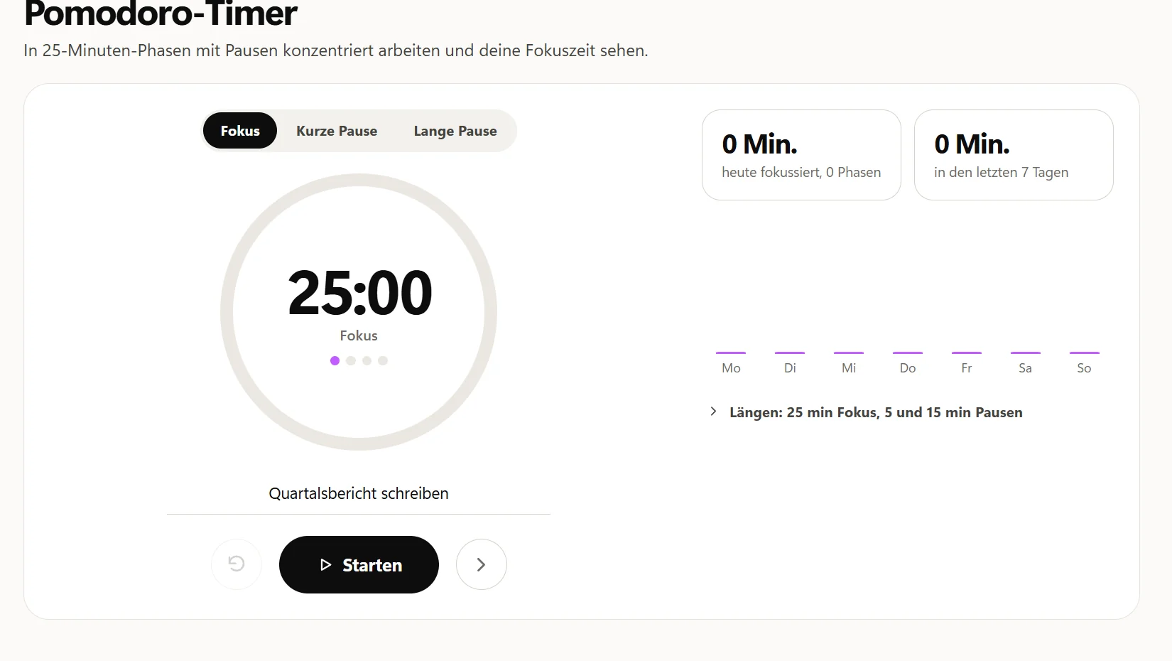 Der Pomodoro-Timer von Octoolo bei 25:00 auf Fokus, mit „Quartalsbericht schreiben“ unter dem Ring und dem Knopf Starten darunter.