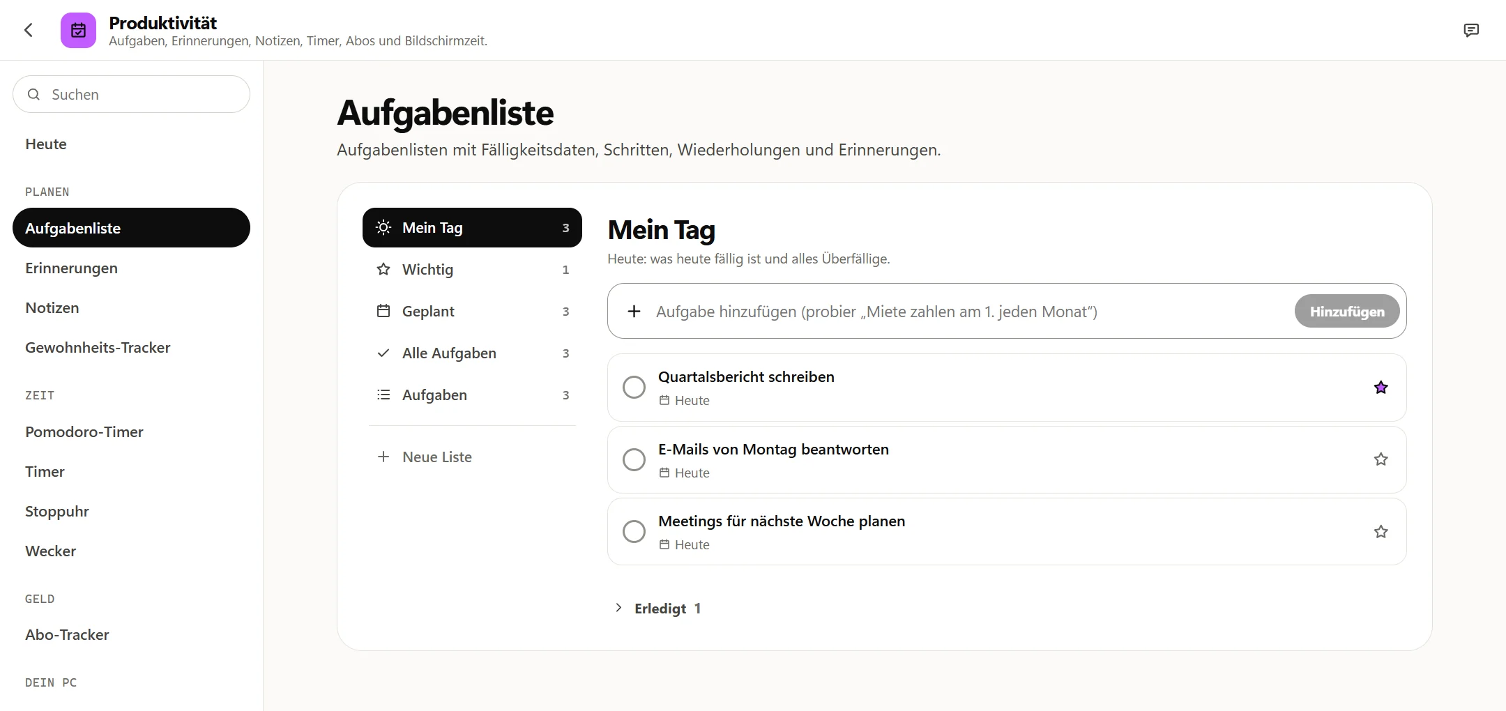 Die Aufgabenliste von Octoolo unter Mein Tag mit drei Aufgaben, die heute fällig sind, die erste mit Stern markiert: „Quartalsbericht schreiben“.
