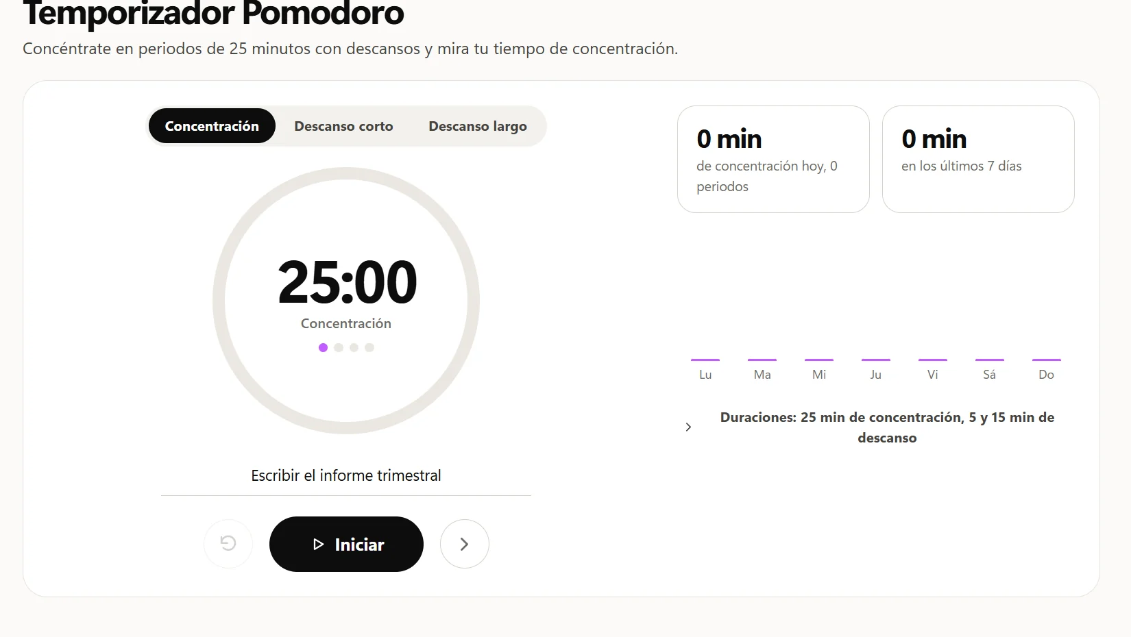 El temporizador Pomodoro de Octoolo en Concentración, marcando 25:00, con “Escribir el informe trimestral” escrito debajo del anillo y el botón Iniciar abajo.