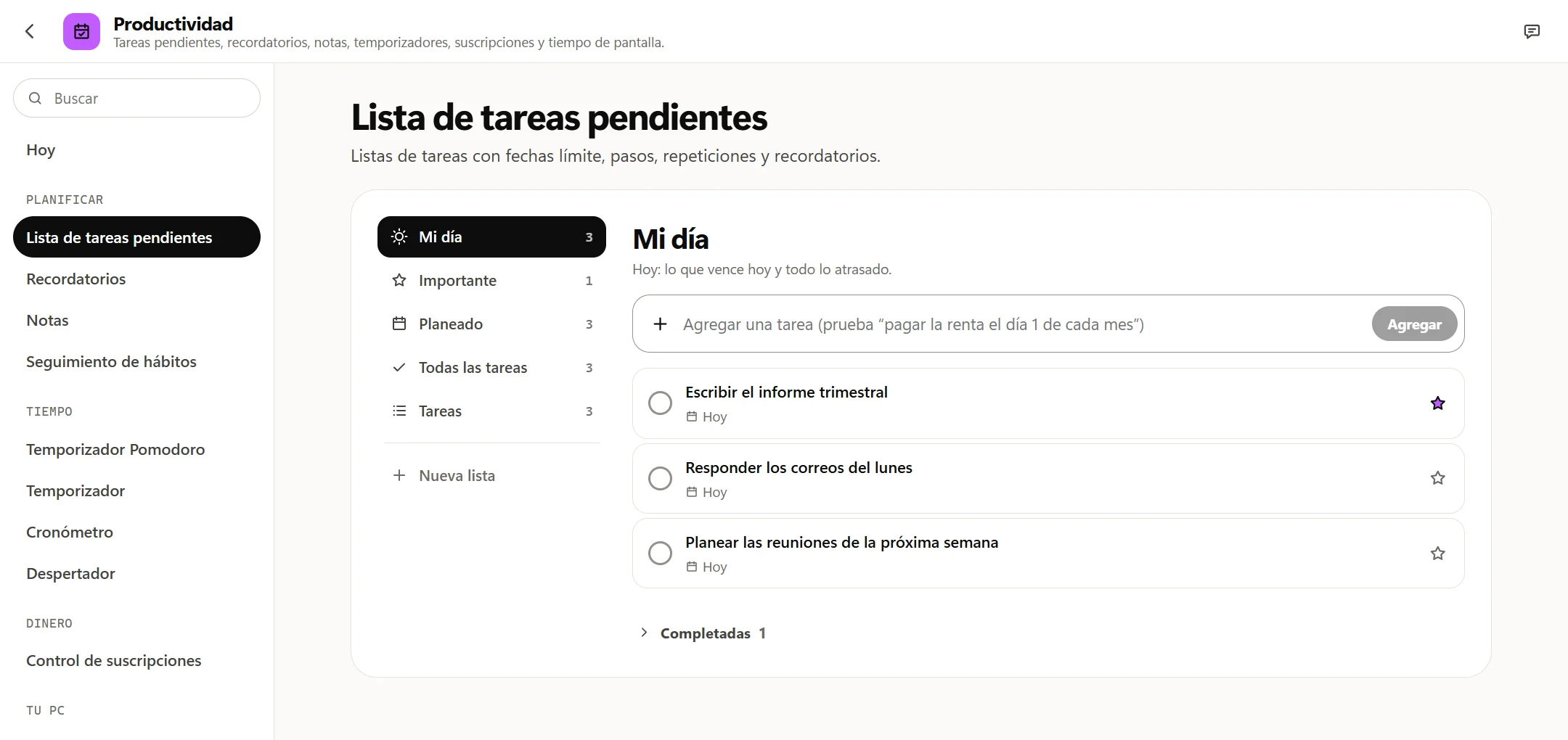 La lista de tareas pendientes de Octoolo en Mi día: tres tareas para hoy, la primera marcada con estrella (Escribir el informe trimestral), y una ya hecha (Leer la propuesta de diseño).