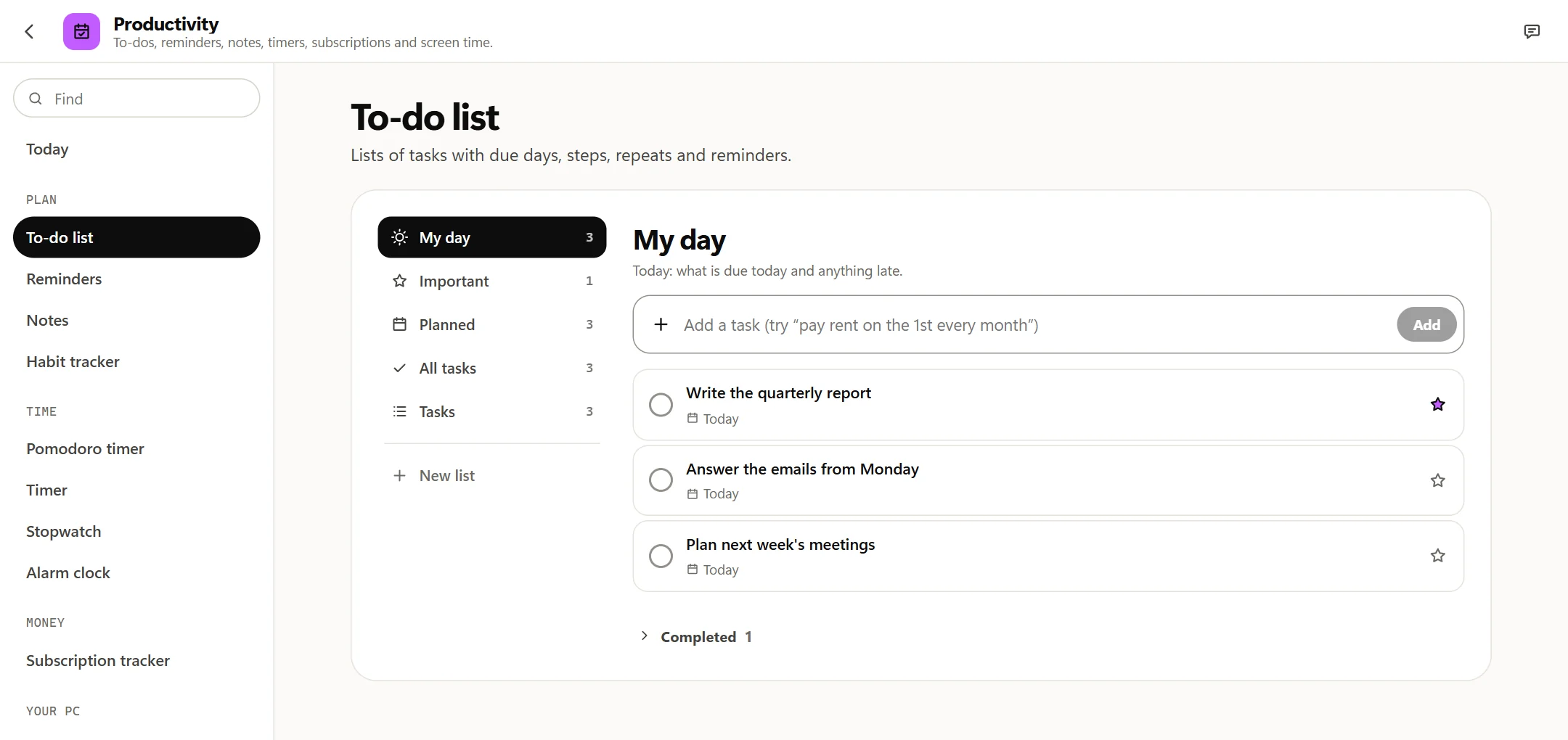 Octoolo's to-do list on My day, with three tasks due today and the first one starred: Write the quarterly report.