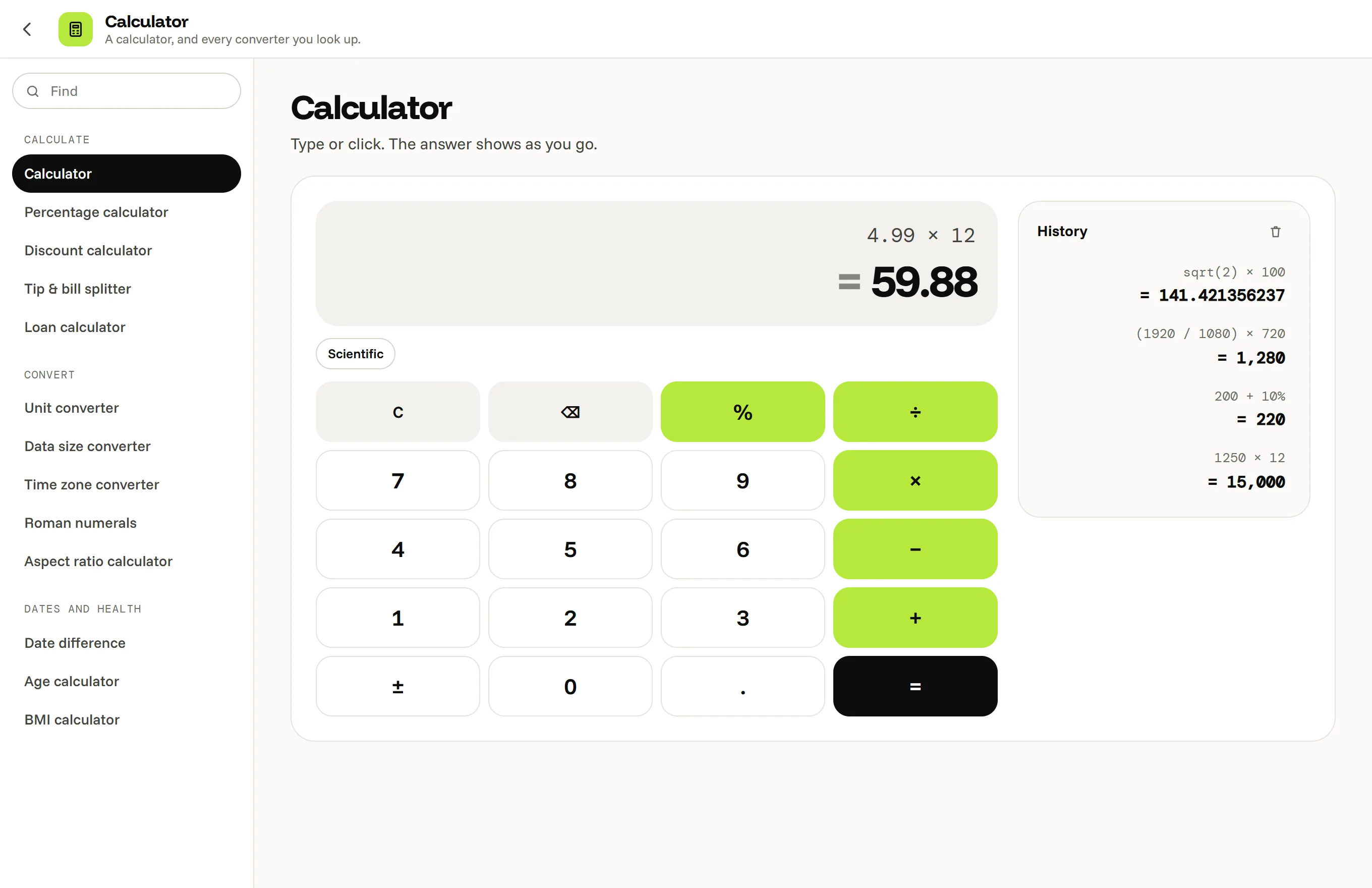 Octoolo's Calculator showing 4.99 × 12 = 59.88 above the keypad, with earlier sums such as 200 + 10% = 220 in the history.