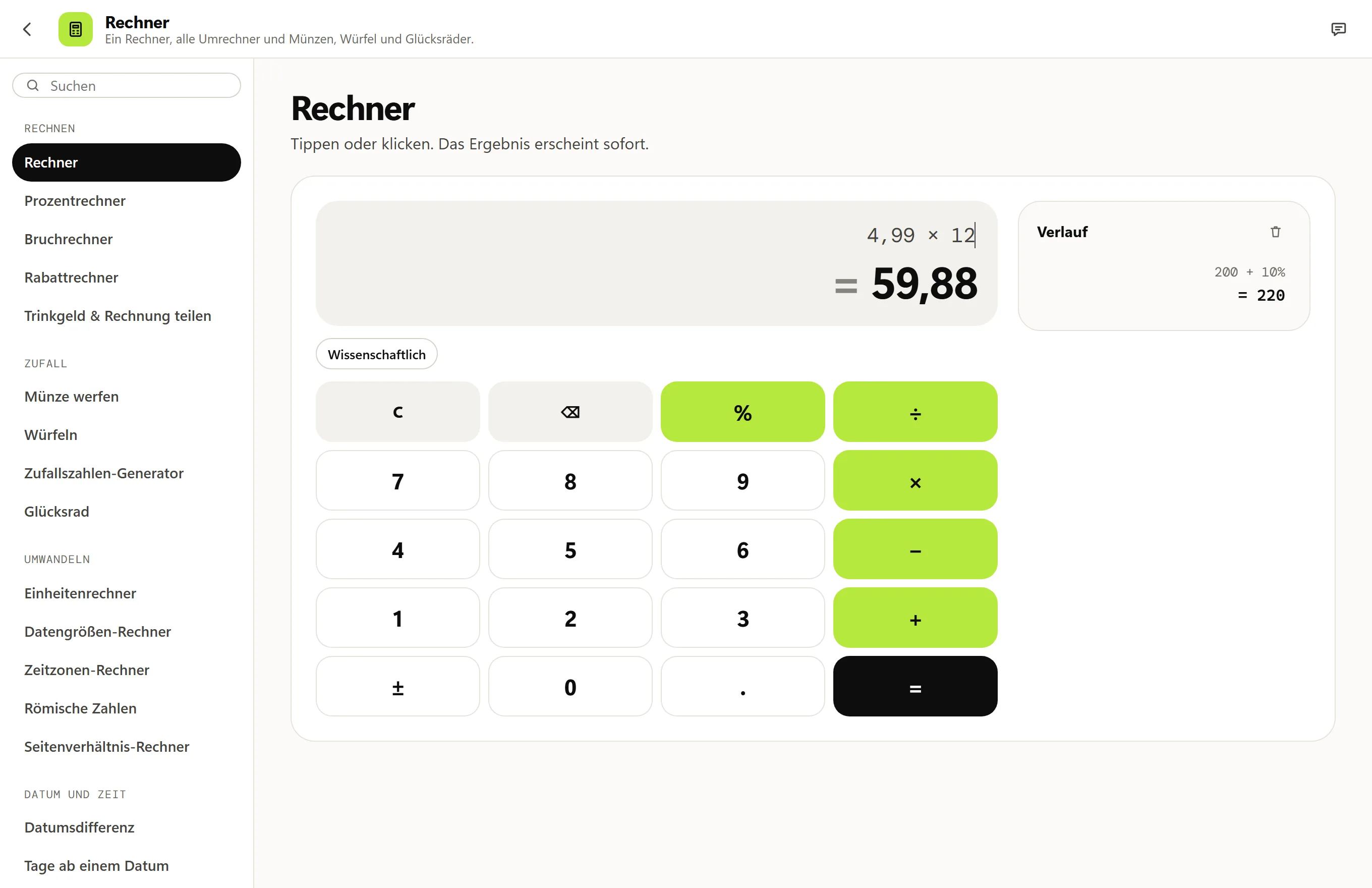 Der Rechner von Octoolo zeigt 4,99 × 12 = 59,88 über dem Tastenfeld, im Verlauf frühere Rechnungen wie 200 + 10% = 220.