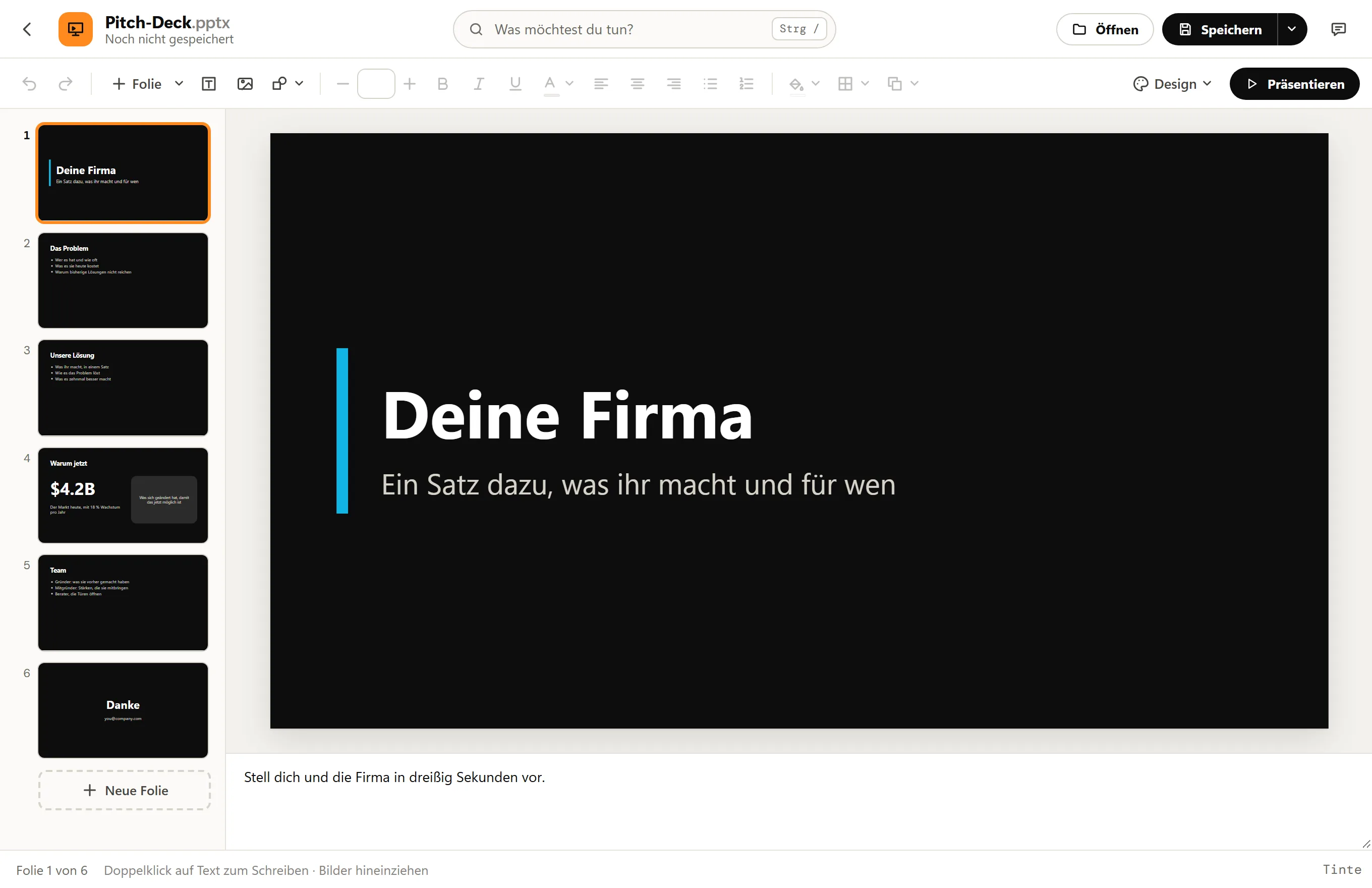 Octoolo Präsentationen mit der Vorlage Pitch-Deck: sechs Folien in der Seitenleiste, groß die Titelfolie, darunter die Sprechernotizen und die Schaltfläche Präsentieren.