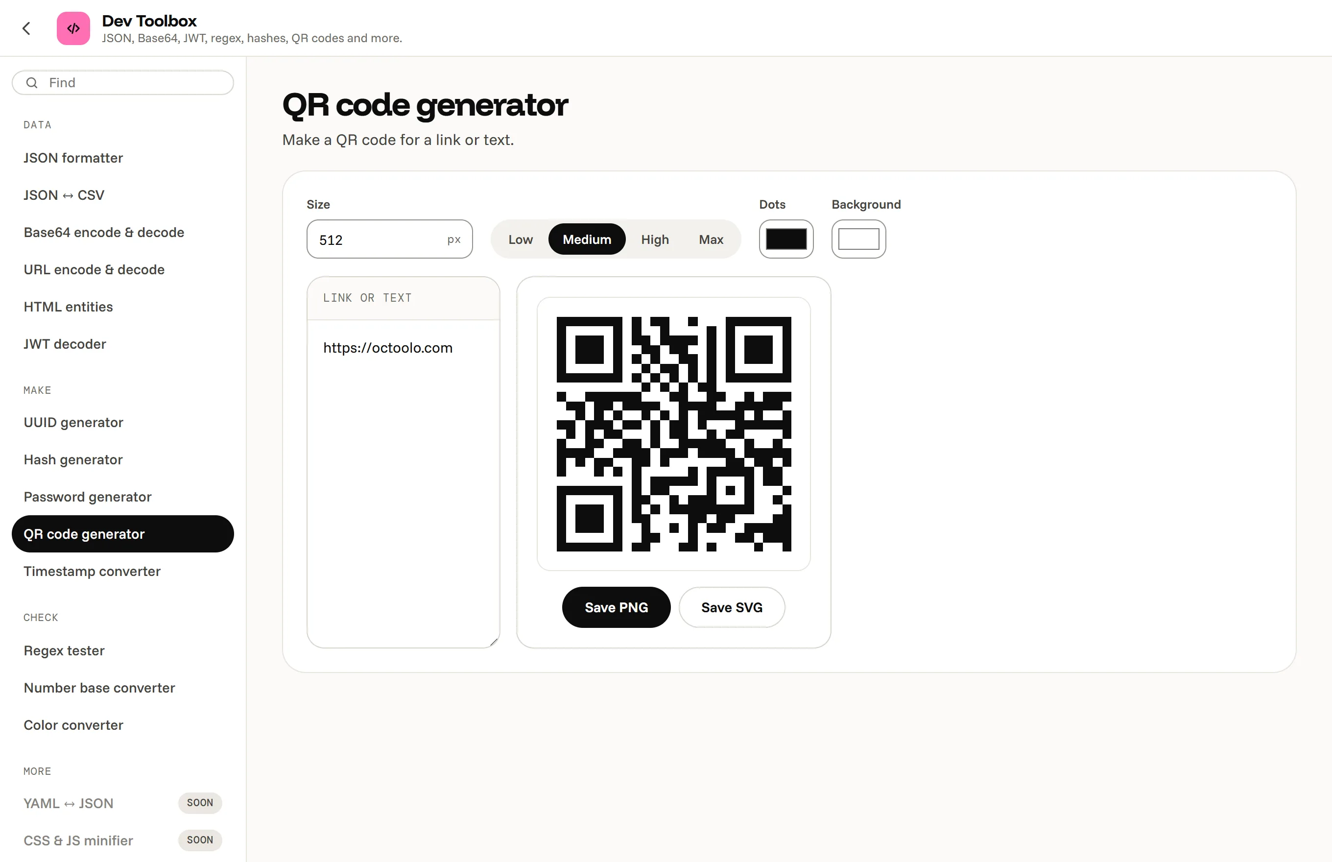 Octoolo's Dev Toolbox on the QR code generator: a QR code for octoolo.com with its size, error correction and colors, and Save PNG and Save SVG buttons.