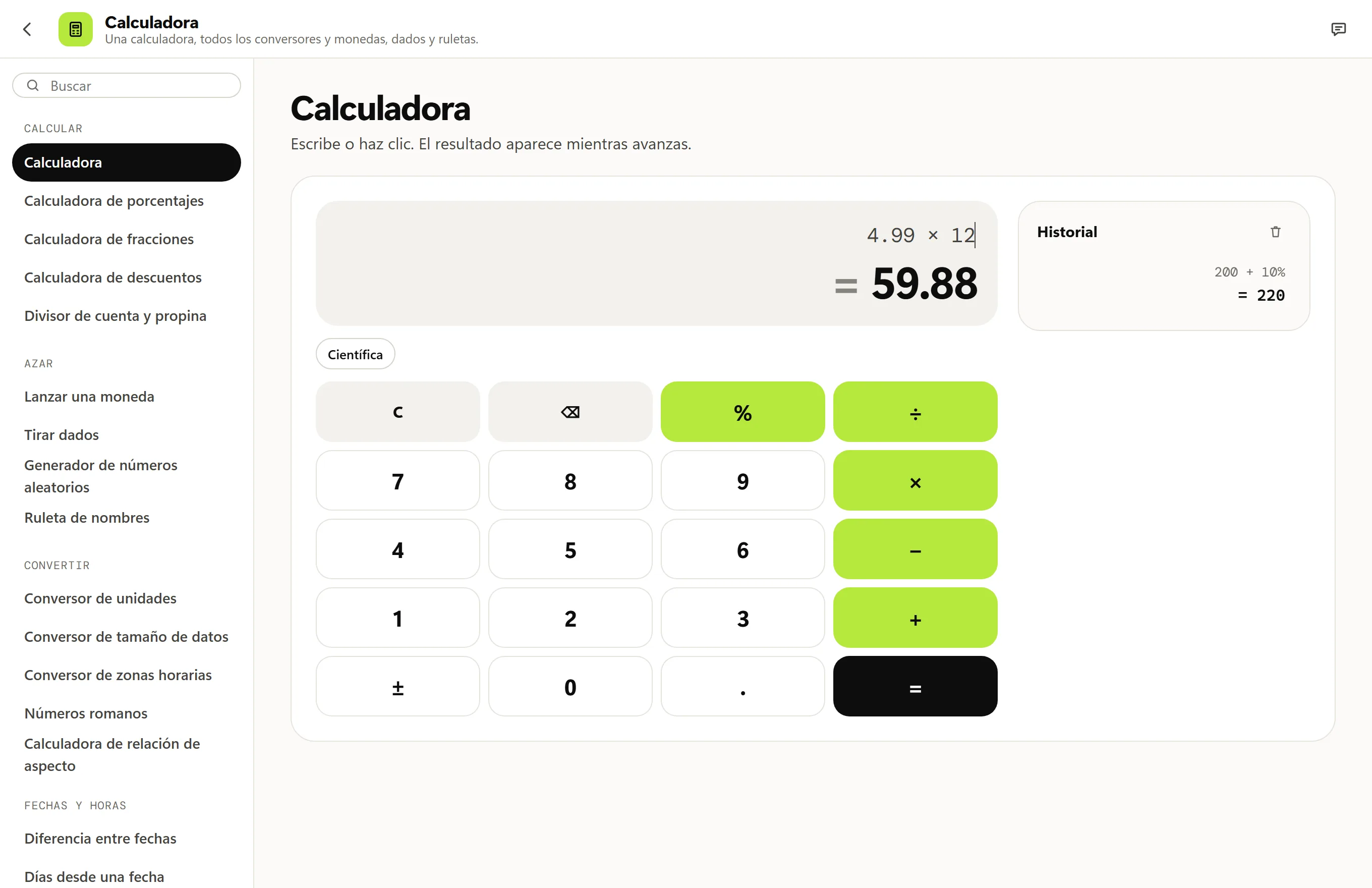 Calculadora de Octoolo mostrando 4.99 × 12 = 59.88 sobre el teclado numérico, con cuentas anteriores como 200 + 10% = 220 en el historial.