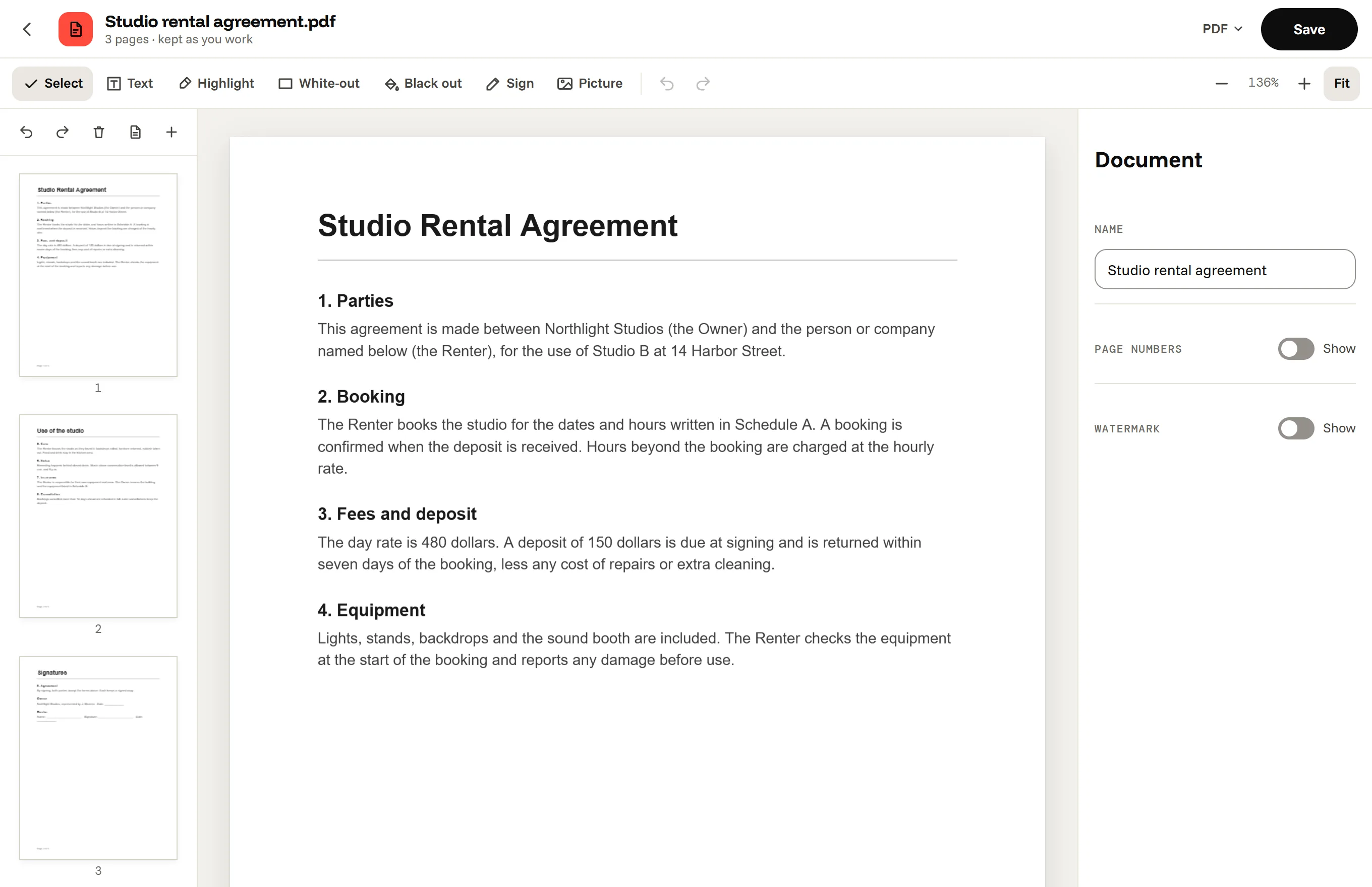 Octoolo's PDF Editor with a three-page rental agreement open: the page bar on the left, the toolbar with Text, Highlight, White-out, Black out, Sign and Picture, and the Document panel with page numbers and a watermark.