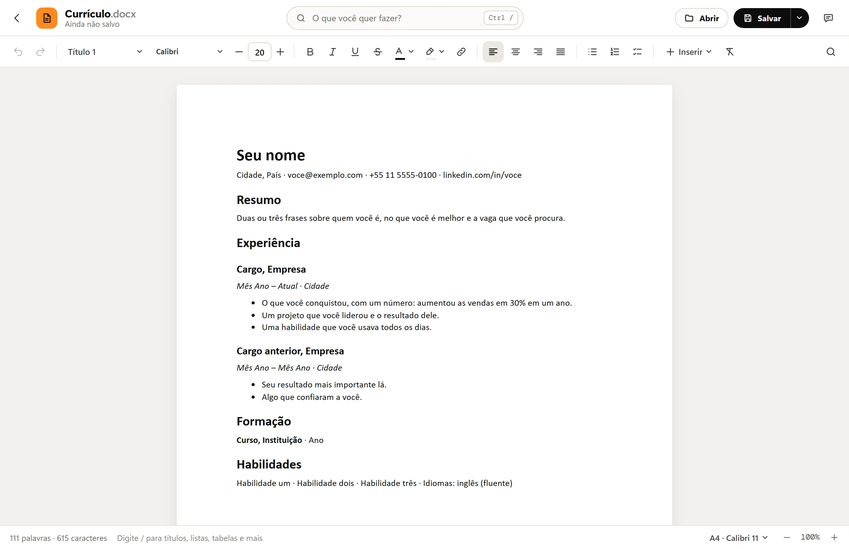 Documentos do Octoolo com o modelo Currículo aberto: títulos, datas e marcadores numa página A4, com as ferramentas de estilo, fonte e lista acima.