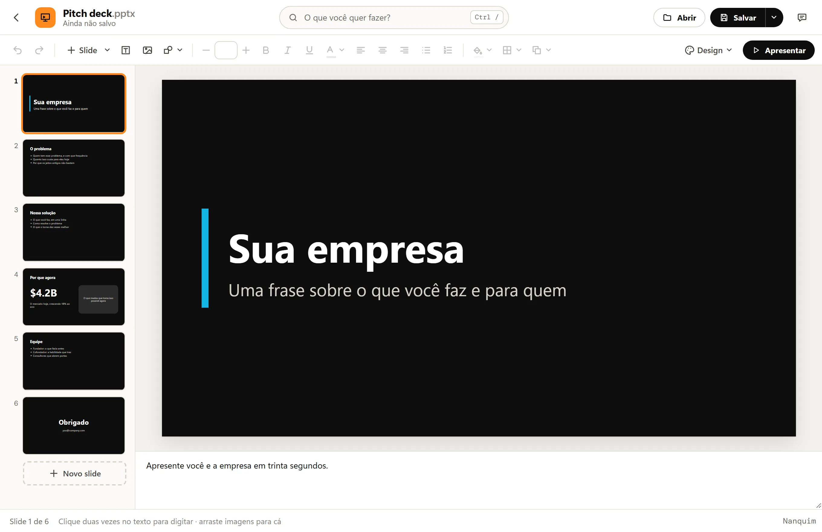 Apresentações do Octoolo com o modelo Pitch deck: seis slides na barra lateral, o slide de título em destaque, as anotações do orador embaixo e o botão Apresentar.
