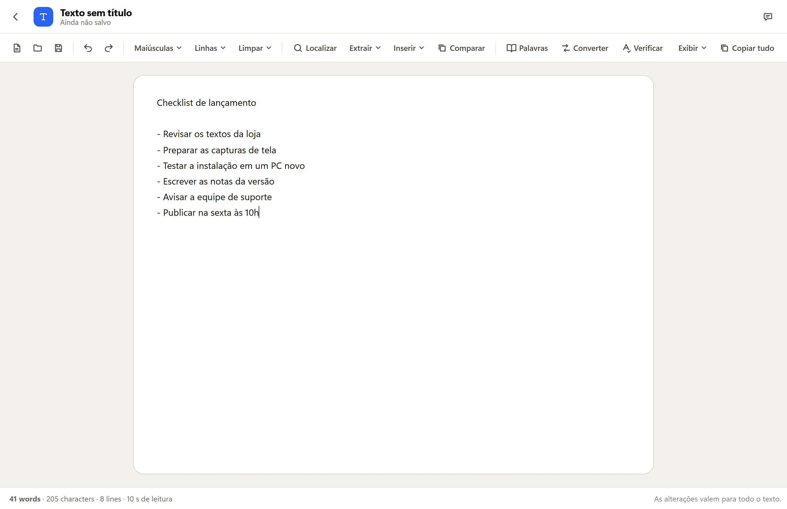 Estúdio de texto do Octoolo com uma lista de tarefas de lançamento digitada: os menus Maiúsculas, Linhas, Limpar, Localizar, Extrair, Inserir e Comparar em cima e a contagem de palavras e caracteres embaixo.