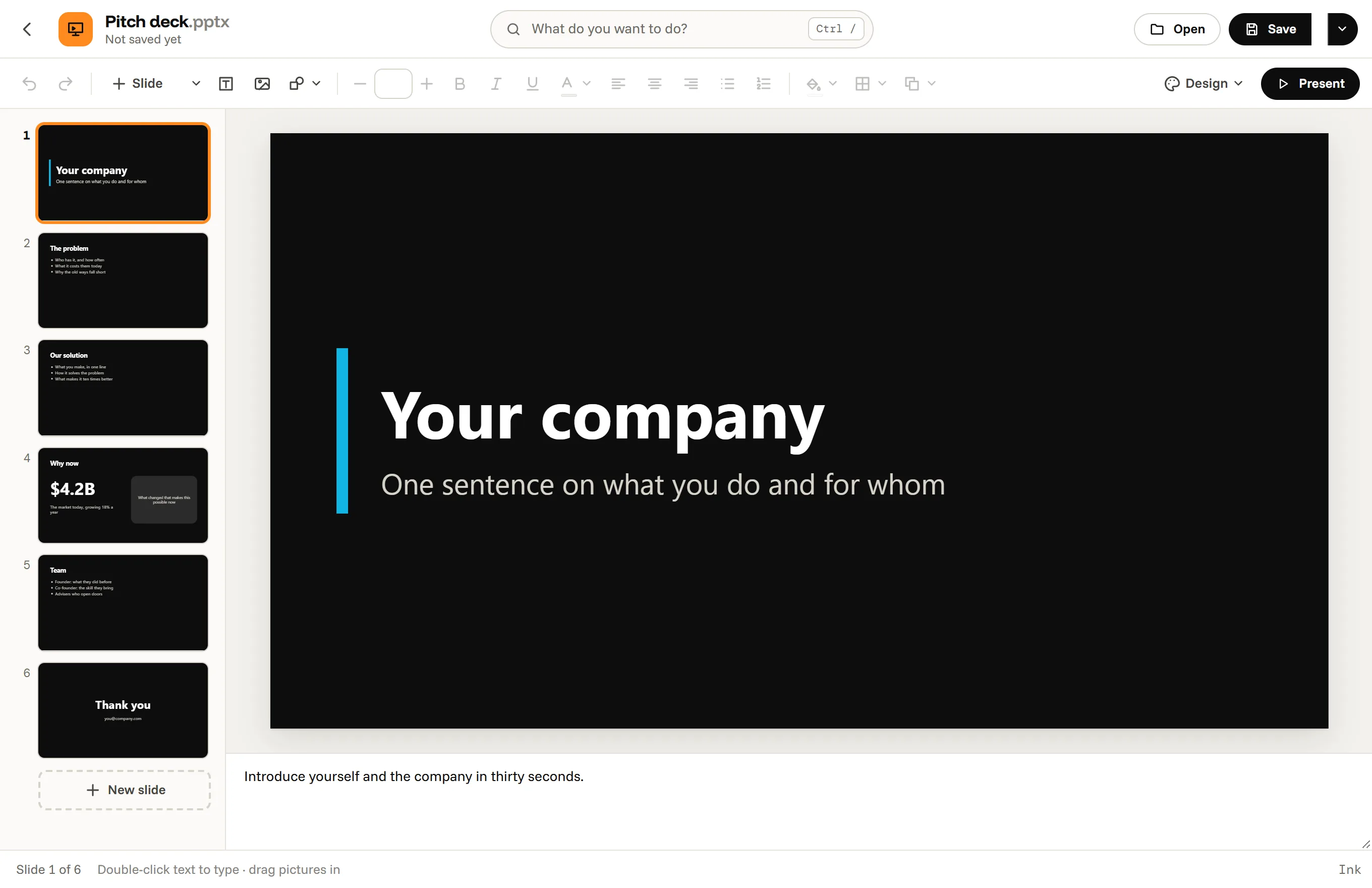 Octoolo Presentations with the Pitch deck template: six slides in the side bar, the title slide large, speaker notes under it and the Present button.